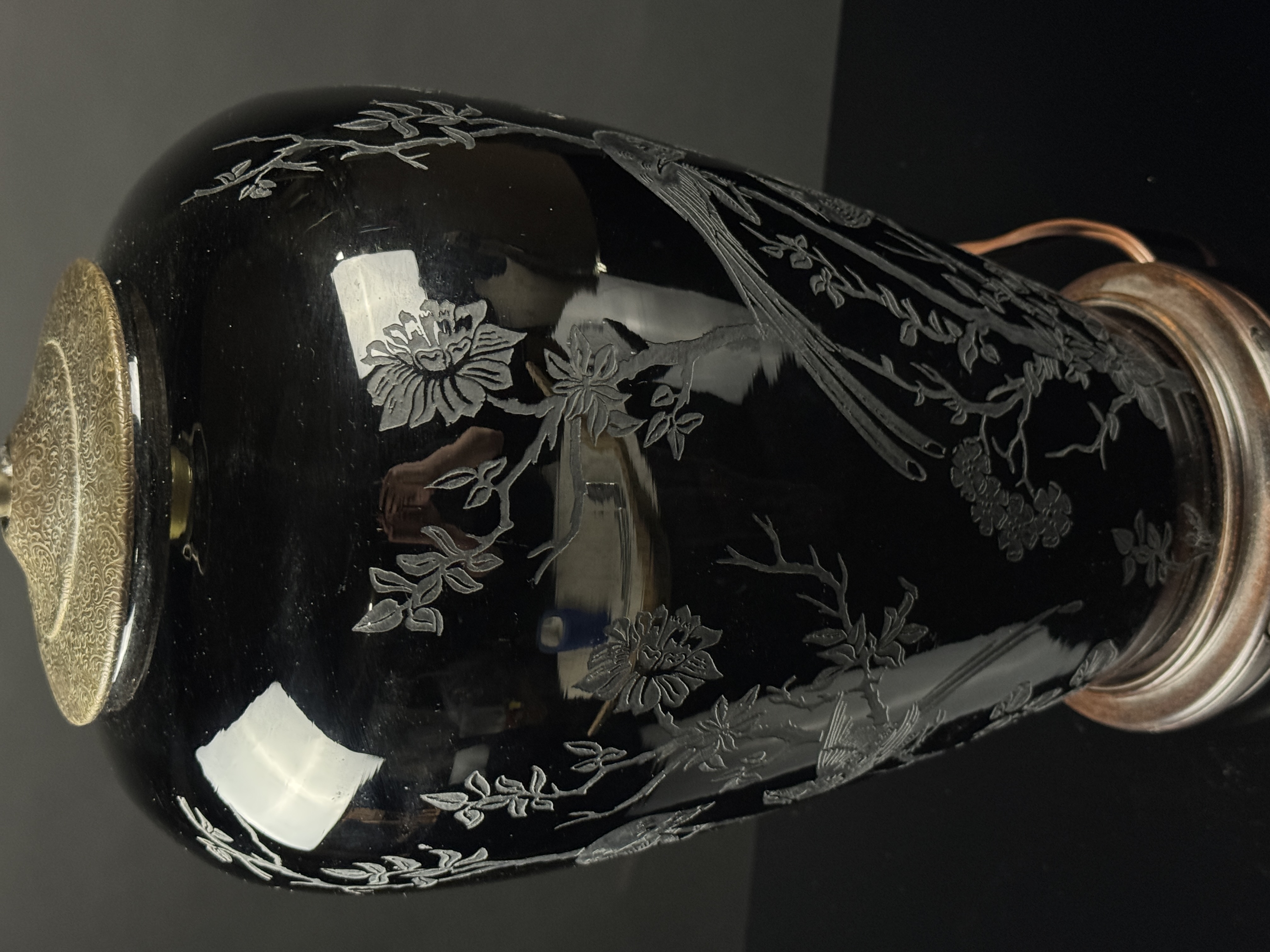 Steuben Acid Etched Black Glass Table Lamp with Chinoiserie Bird Motif
