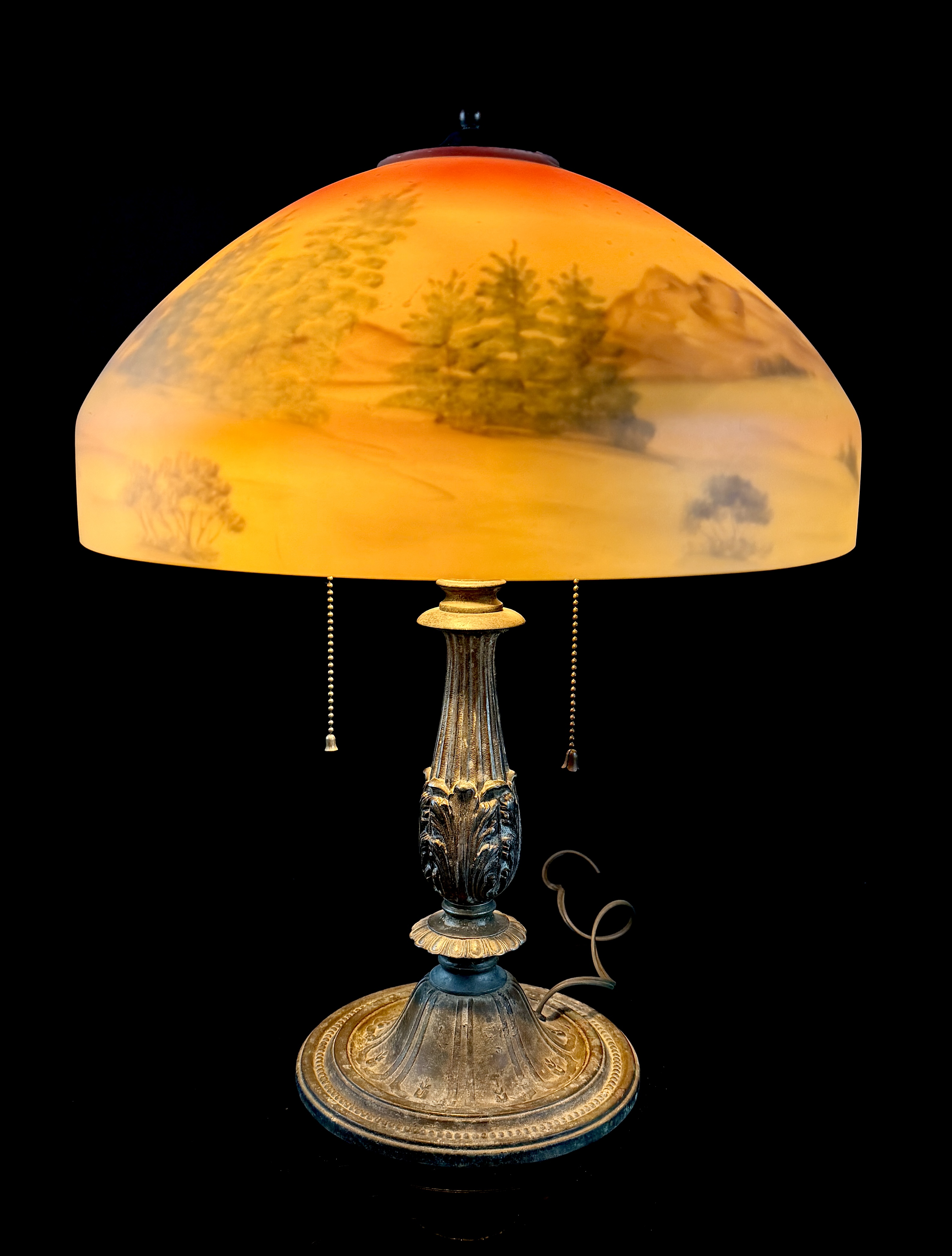 Bradley and Hubbard Arts and Crafts Style Reverse Painted Glass Landscape Table Lamp