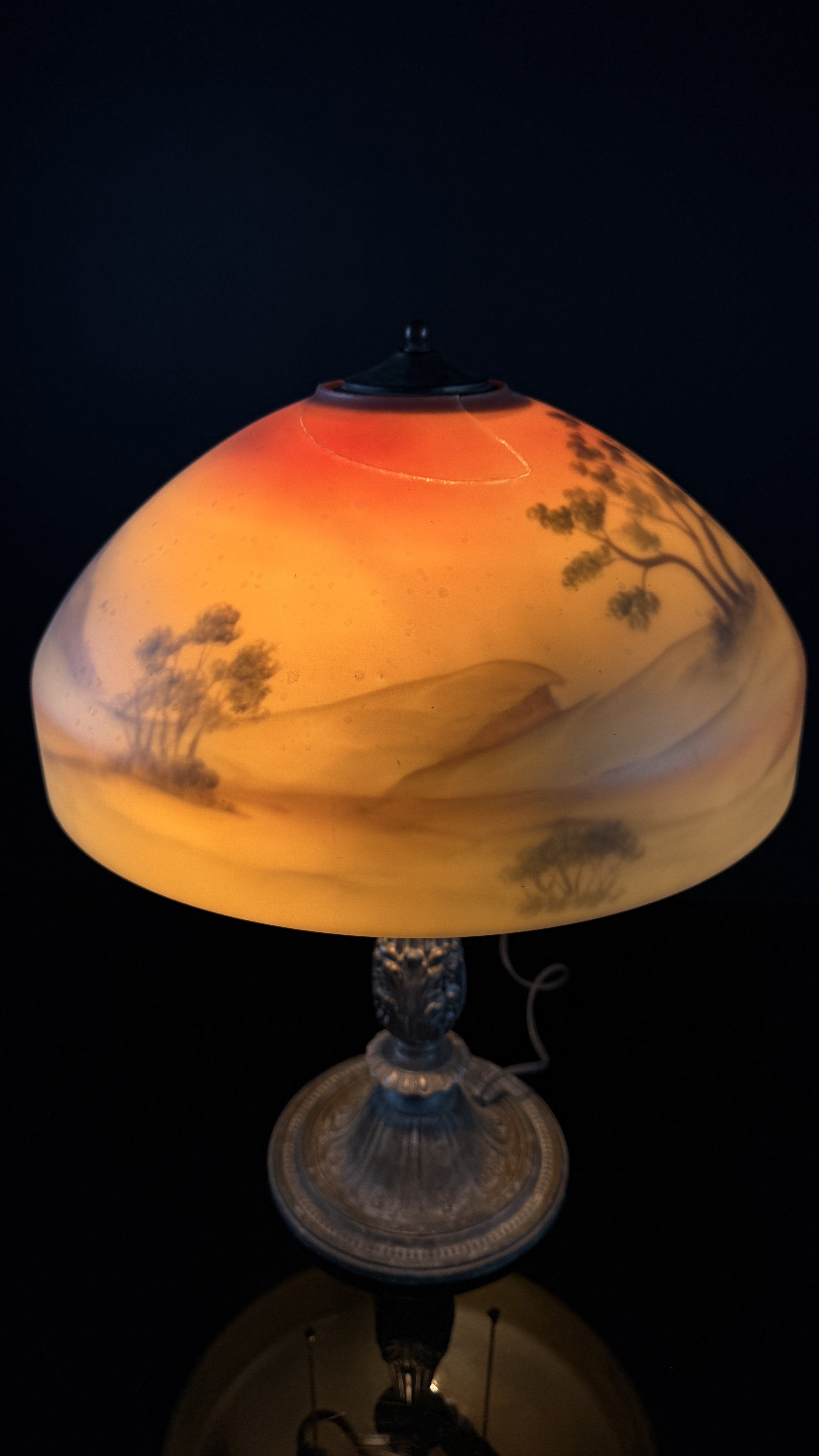 Bradley and Hubbard Arts and Crafts Style Reverse Painted Glass Landscape Table Lamp