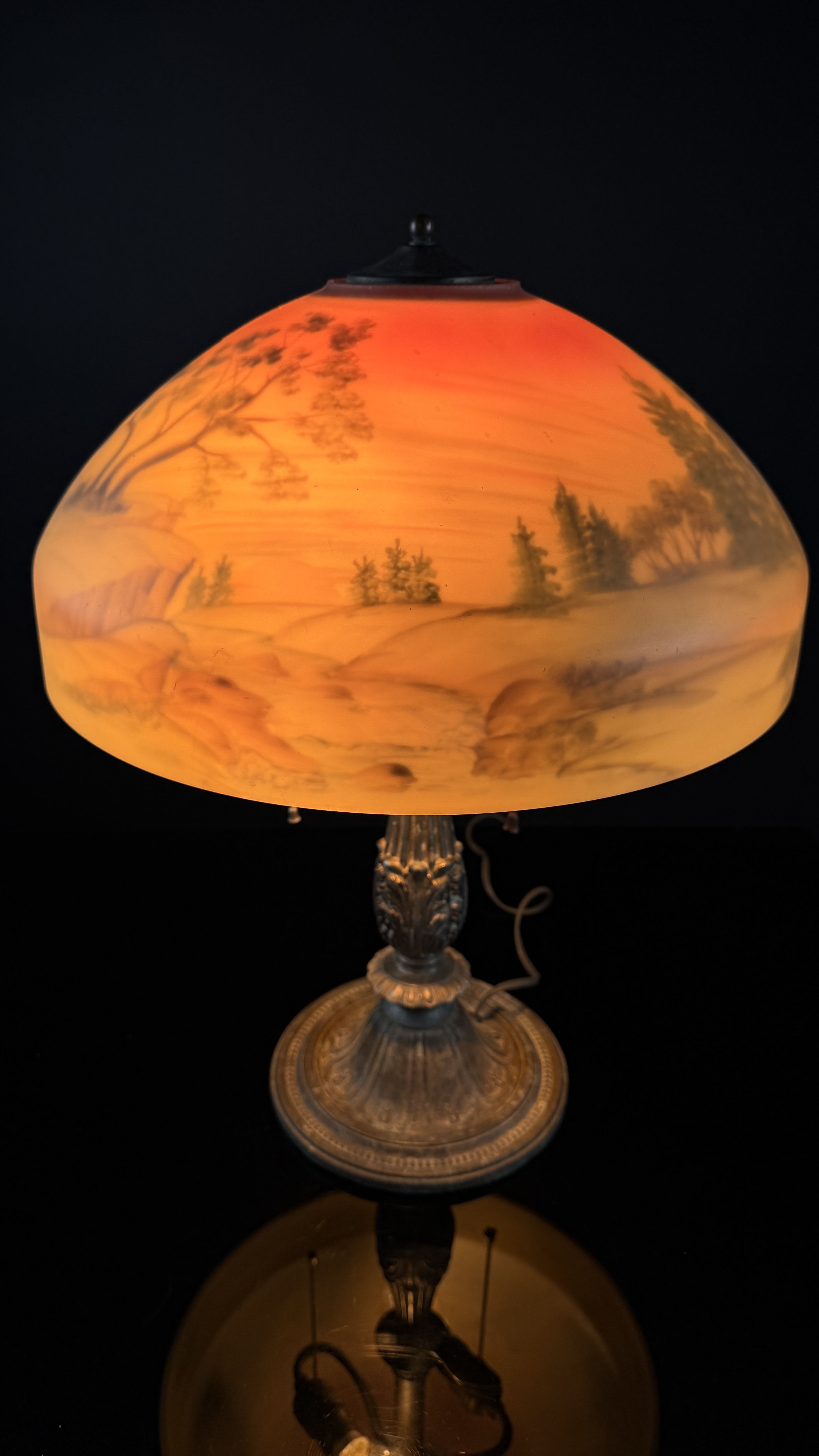Bradley and Hubbard Arts and Crafts Style Reverse Painted Glass Landscape Table Lamp