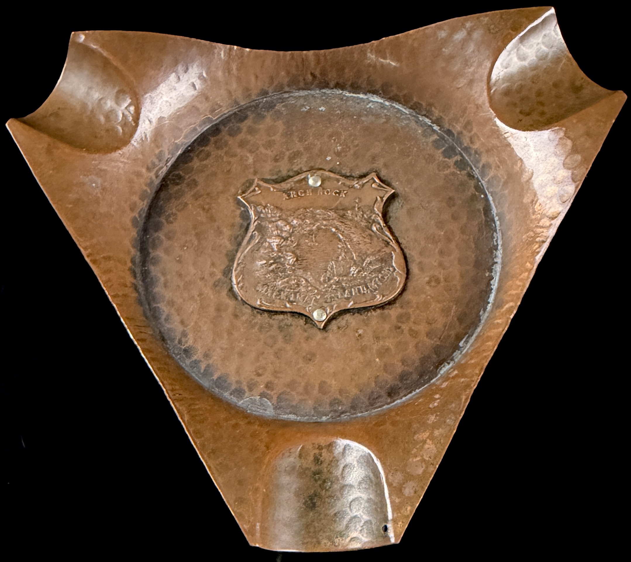 Arts and Crafts Style Hammered Copper Souvenir Ashtray, Mackinac Island Michigan