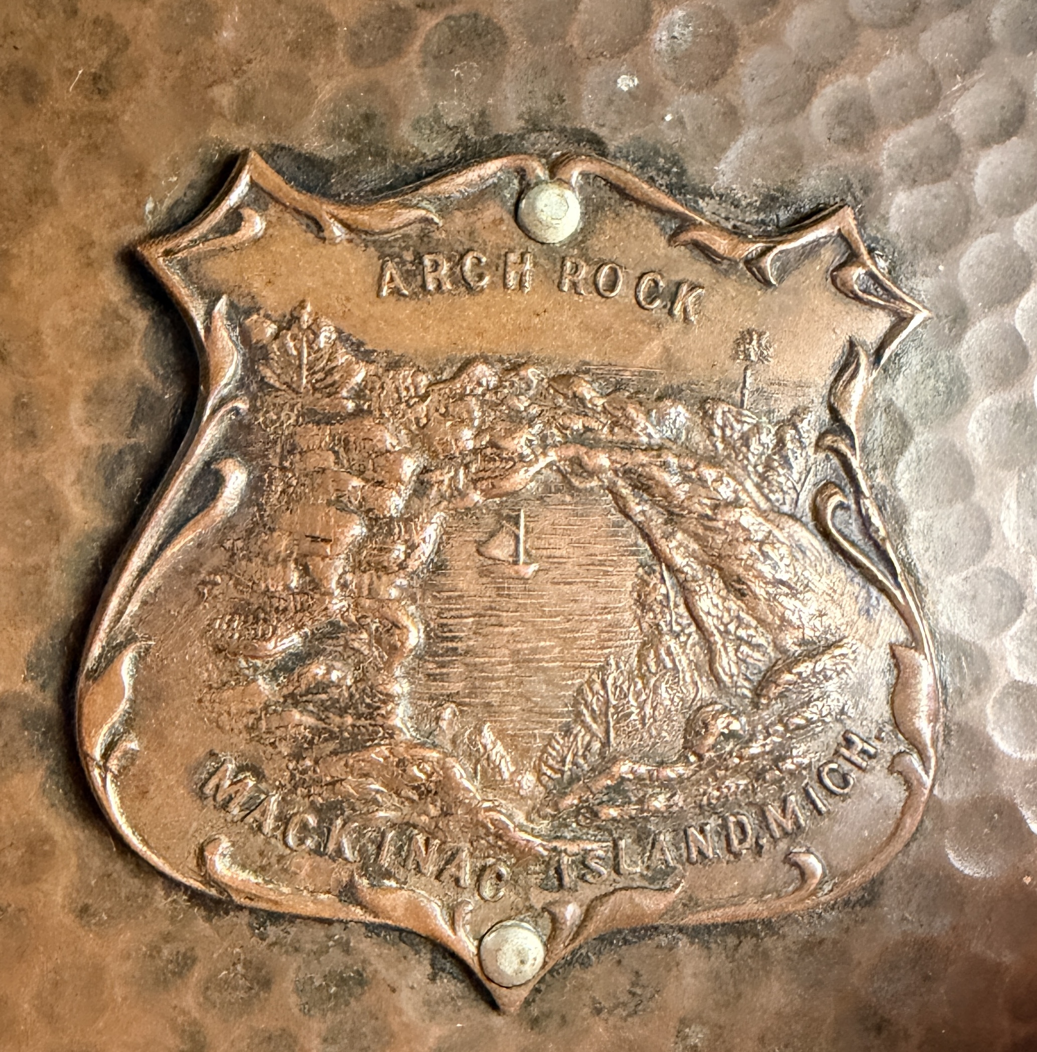 Arts and Crafts Style Hammered Copper Souvenir Ashtray, Mackinac Island Michigan