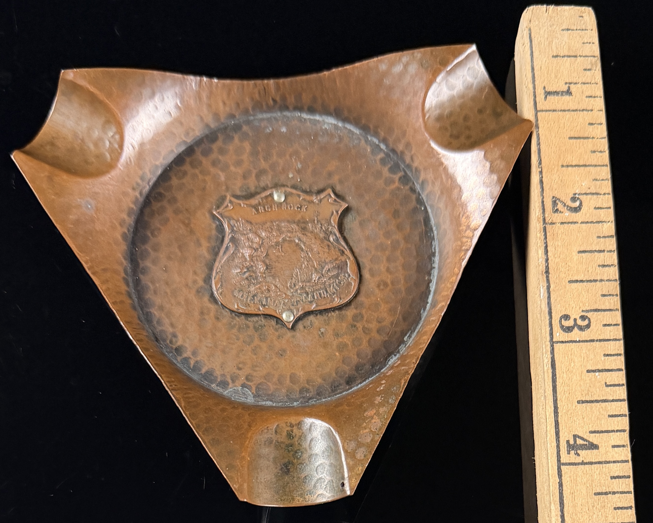 Arts and Crafts Style Hammered Copper Souvenir Ashtray, Mackinac Island Michigan