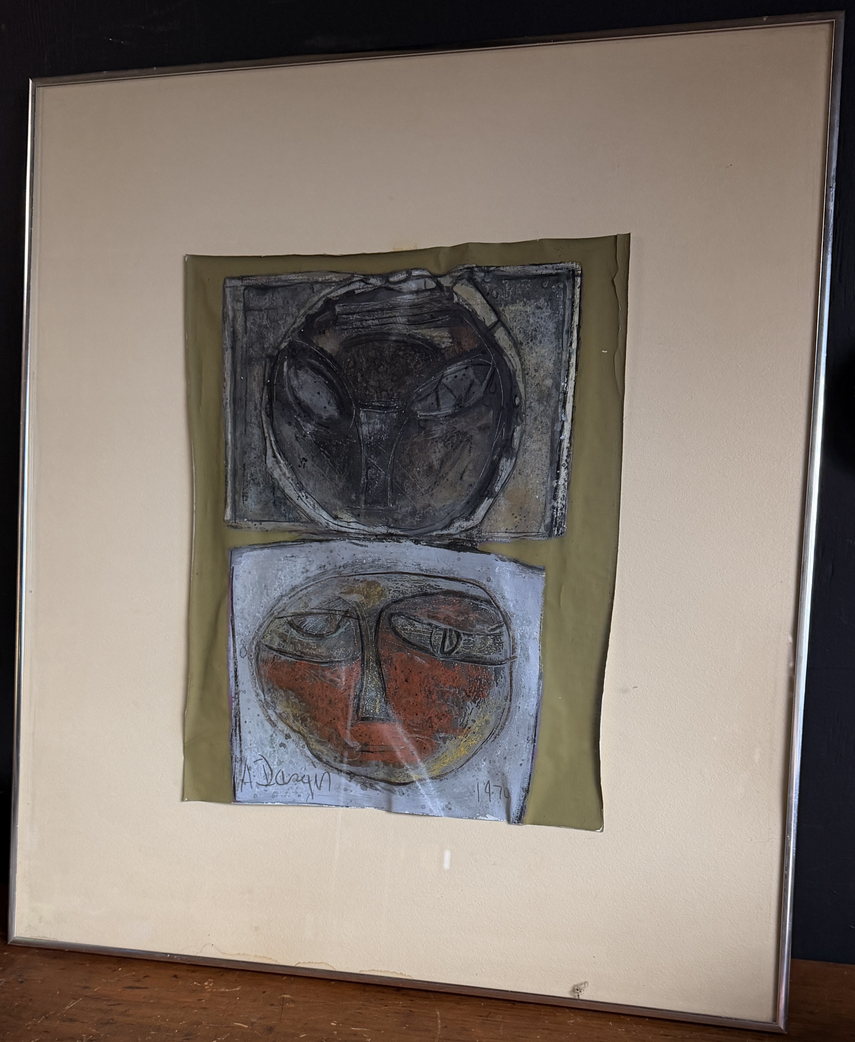 Alfonsas Dargis Framed Mixed-Media Abstract Faces Dated 1970
