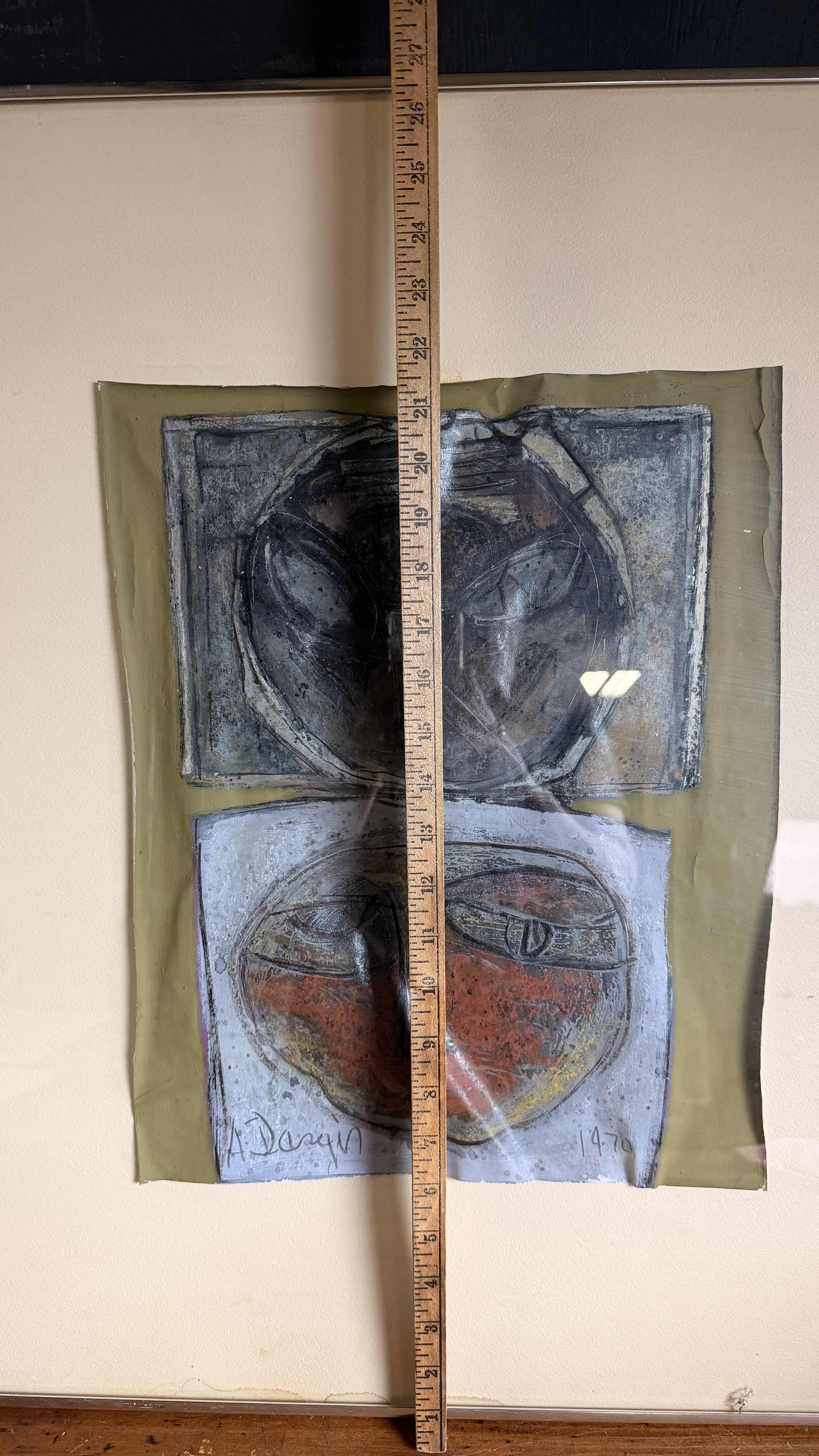 Alfonsas Dargis Framed Mixed-Media Abstract Faces Dated 1970