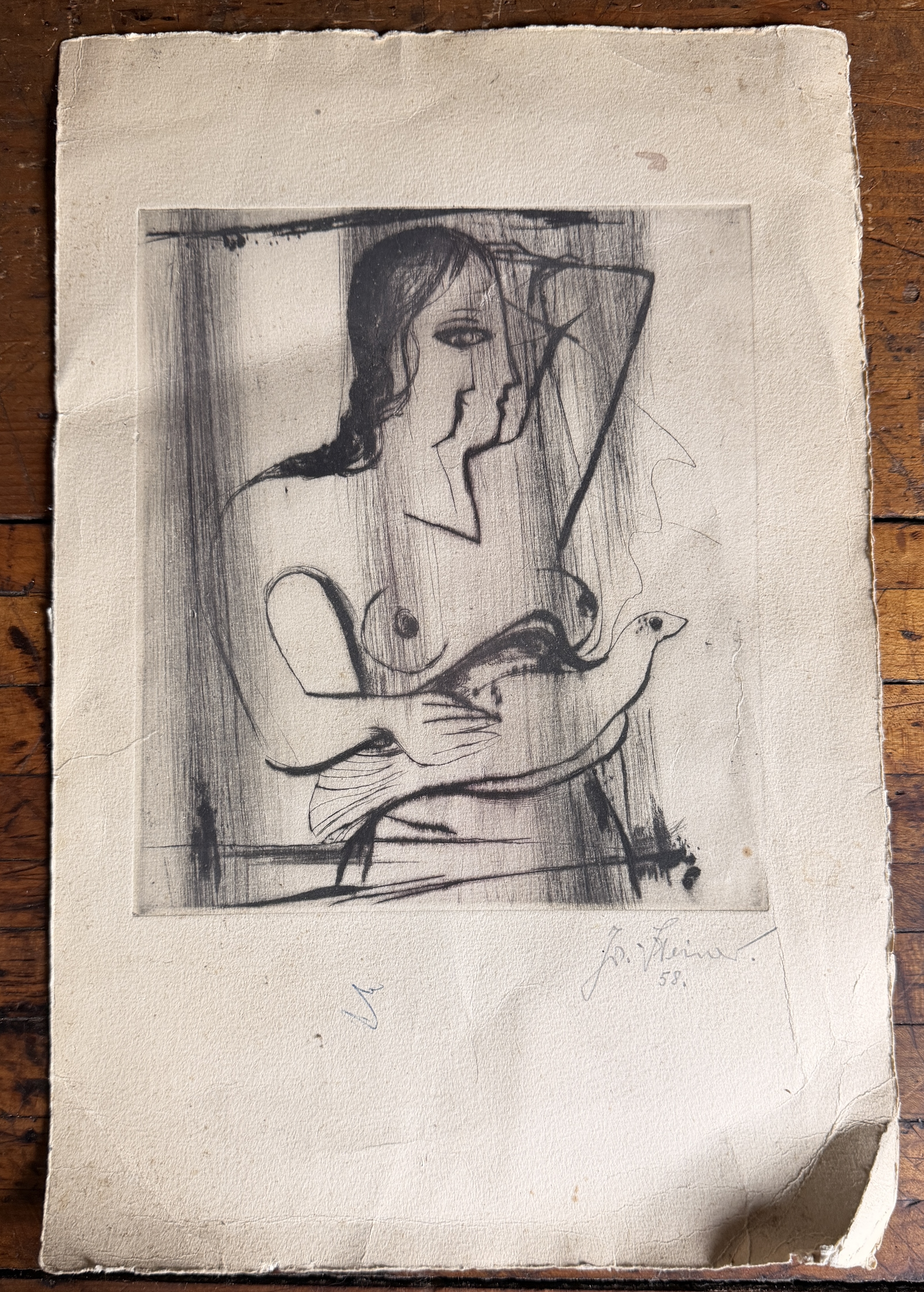 Jo. Steiner, Modernist Etching with Drypoint, Female Nude with Bird, 1958