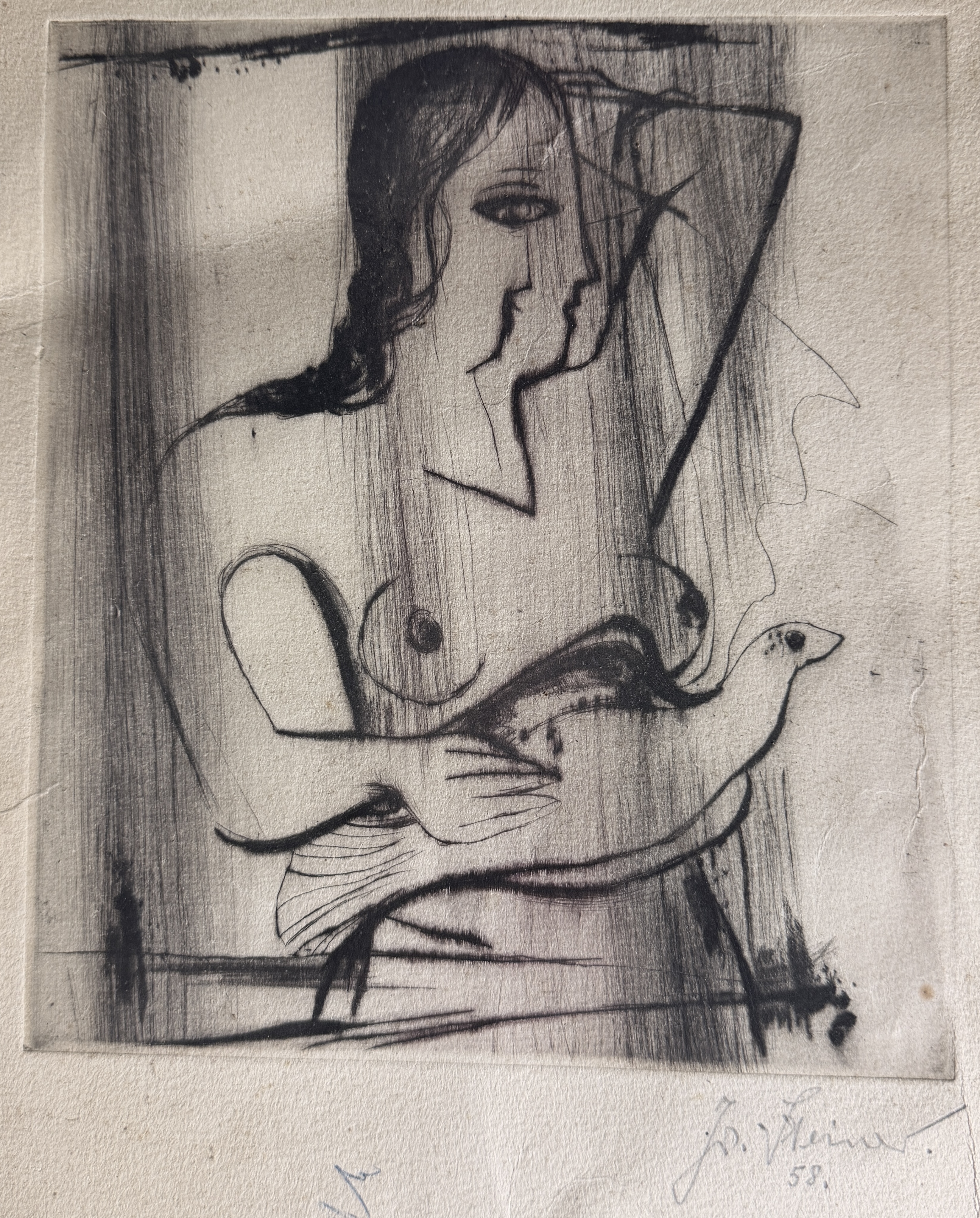 Jo. Steiner, Modernist Etching with Drypoint, Female Nude with Bird, 1958