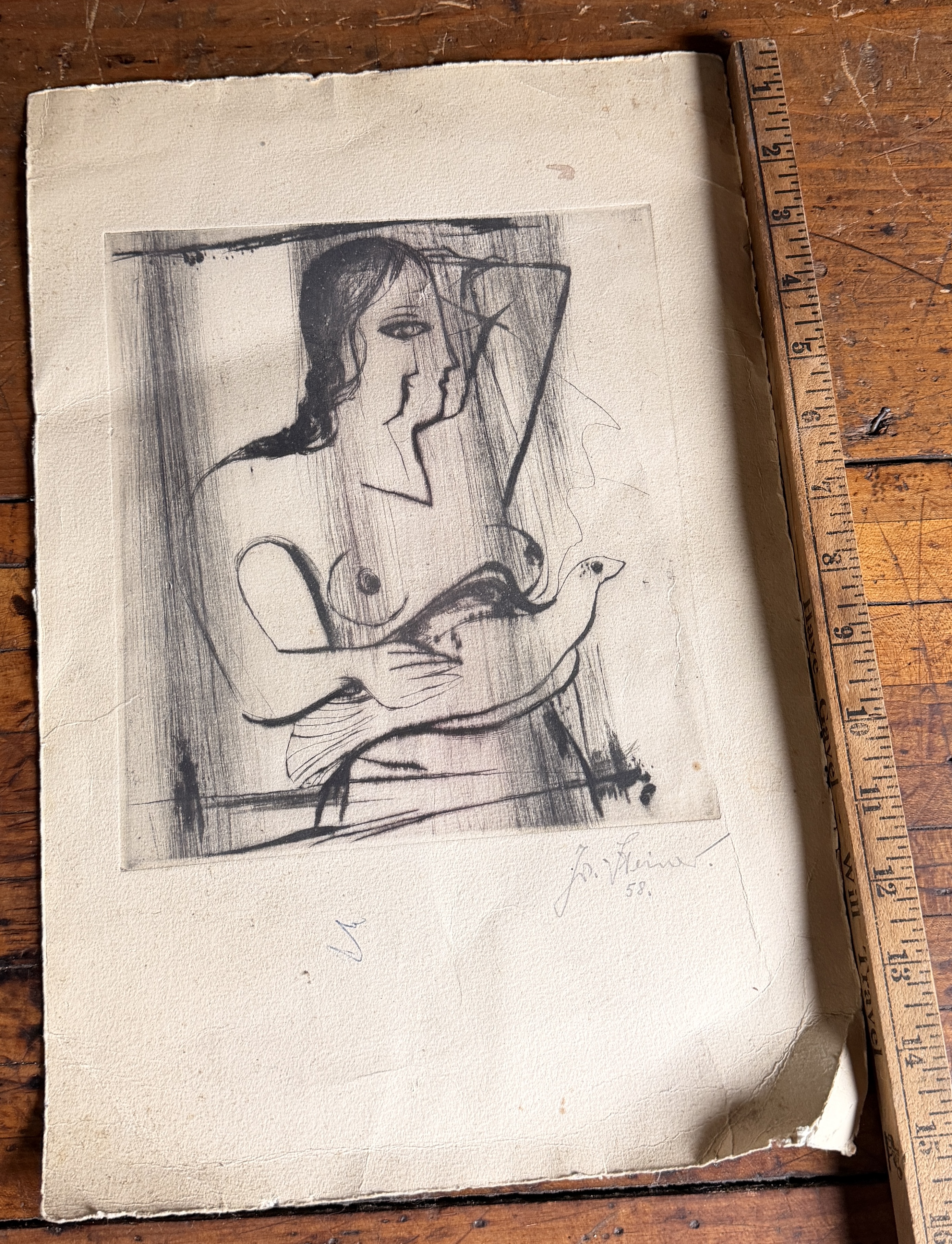 Jo. Steiner, Modernist Etching with Drypoint, Female Nude with Bird, 1958