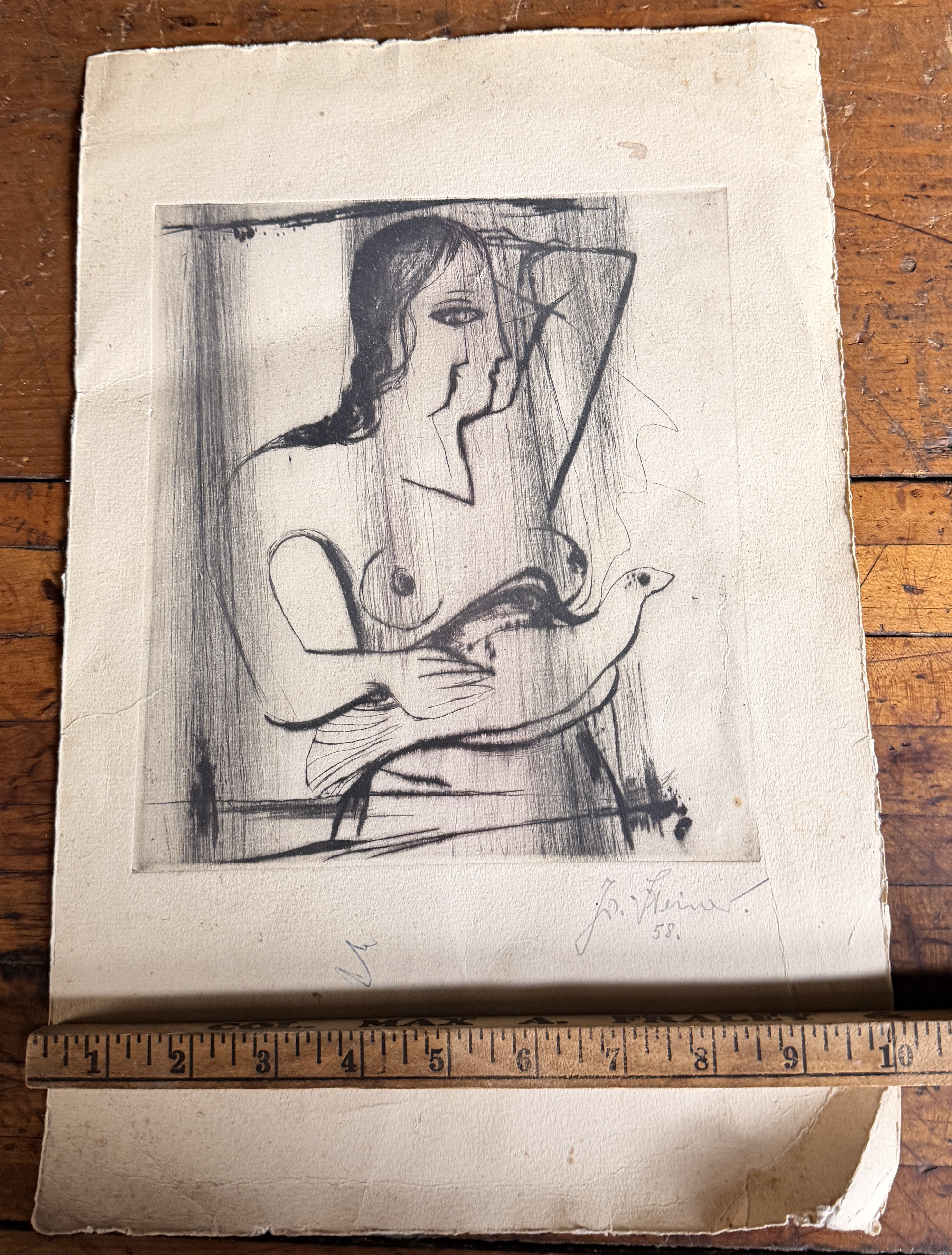 Jo. Steiner, Modernist Etching with Drypoint, Female Nude with Bird, 1958