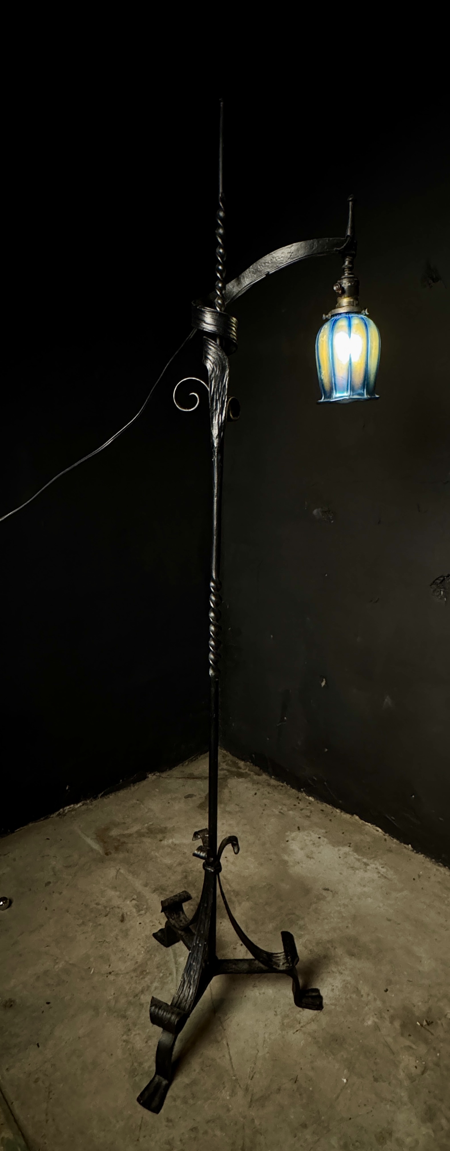 Arts and Crafts Wrought Iron Bridge Floor Lamp with Iridescent Blue Glass Shade