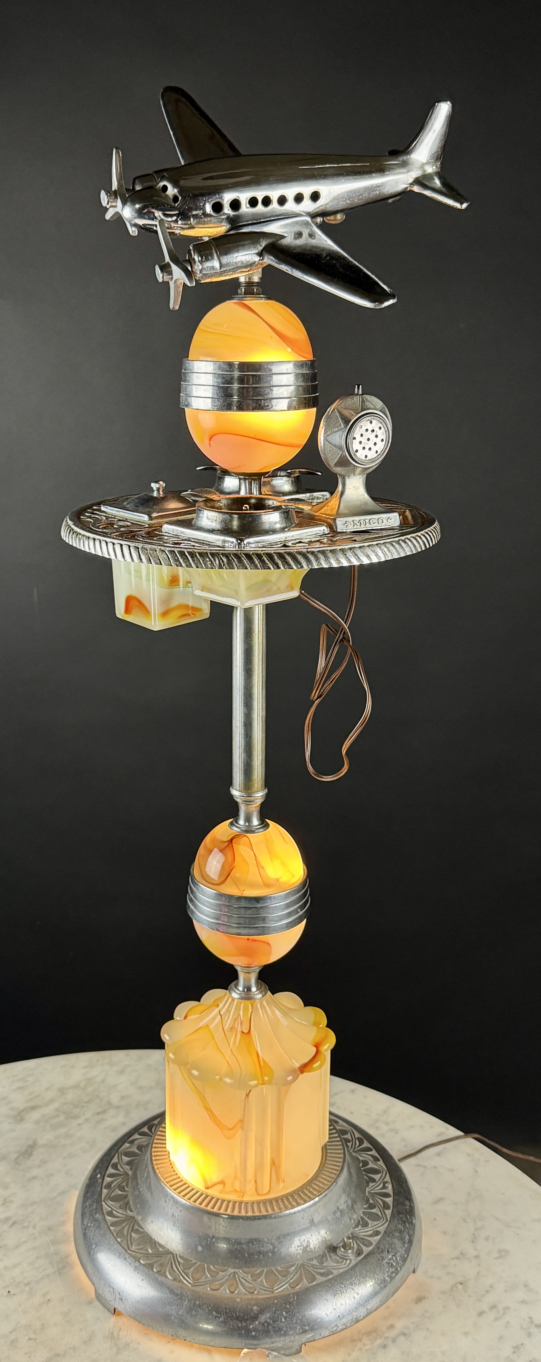 Standard Electric Portable Lamp Co. Art Deco Chrome and Slag Glass Airplane Smoker's Stand Floor Lamp