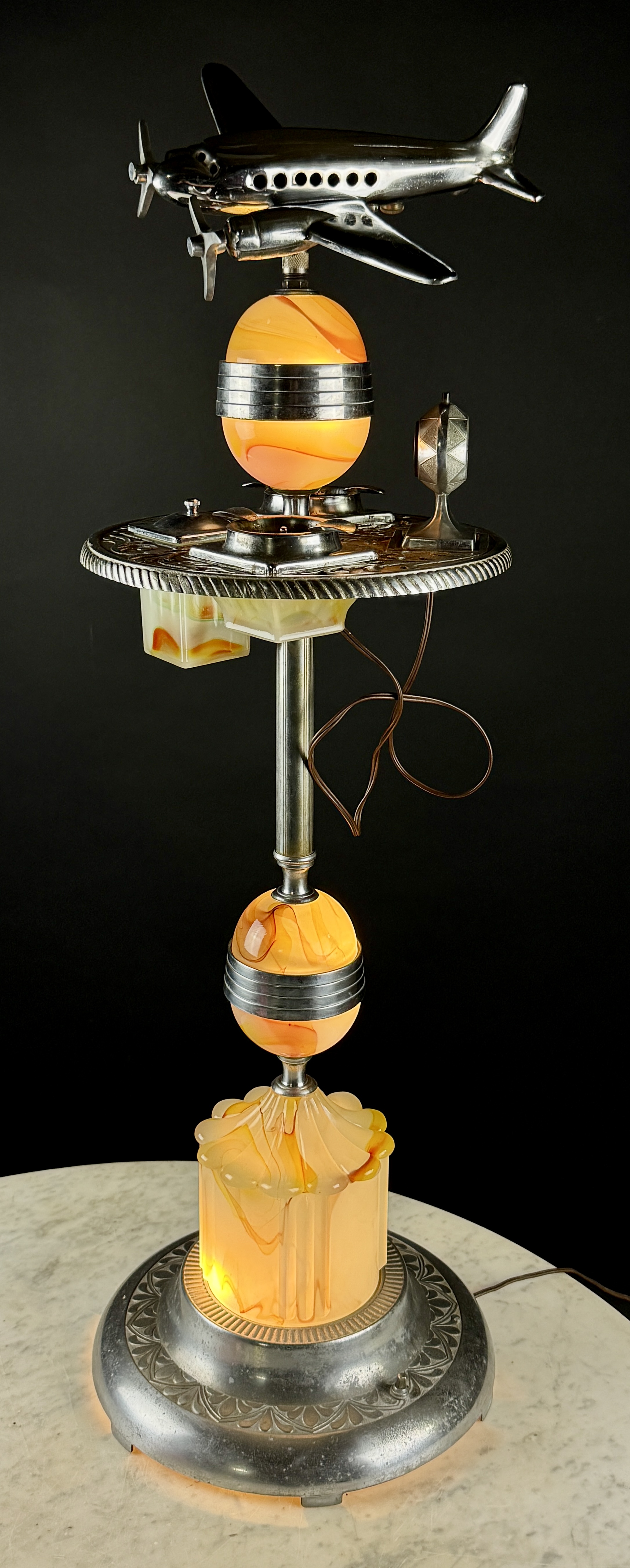 Standard Electric Portable Lamp Co. Art Deco Chrome and Slag Glass Airplane Smoker's Stand Floor Lamp