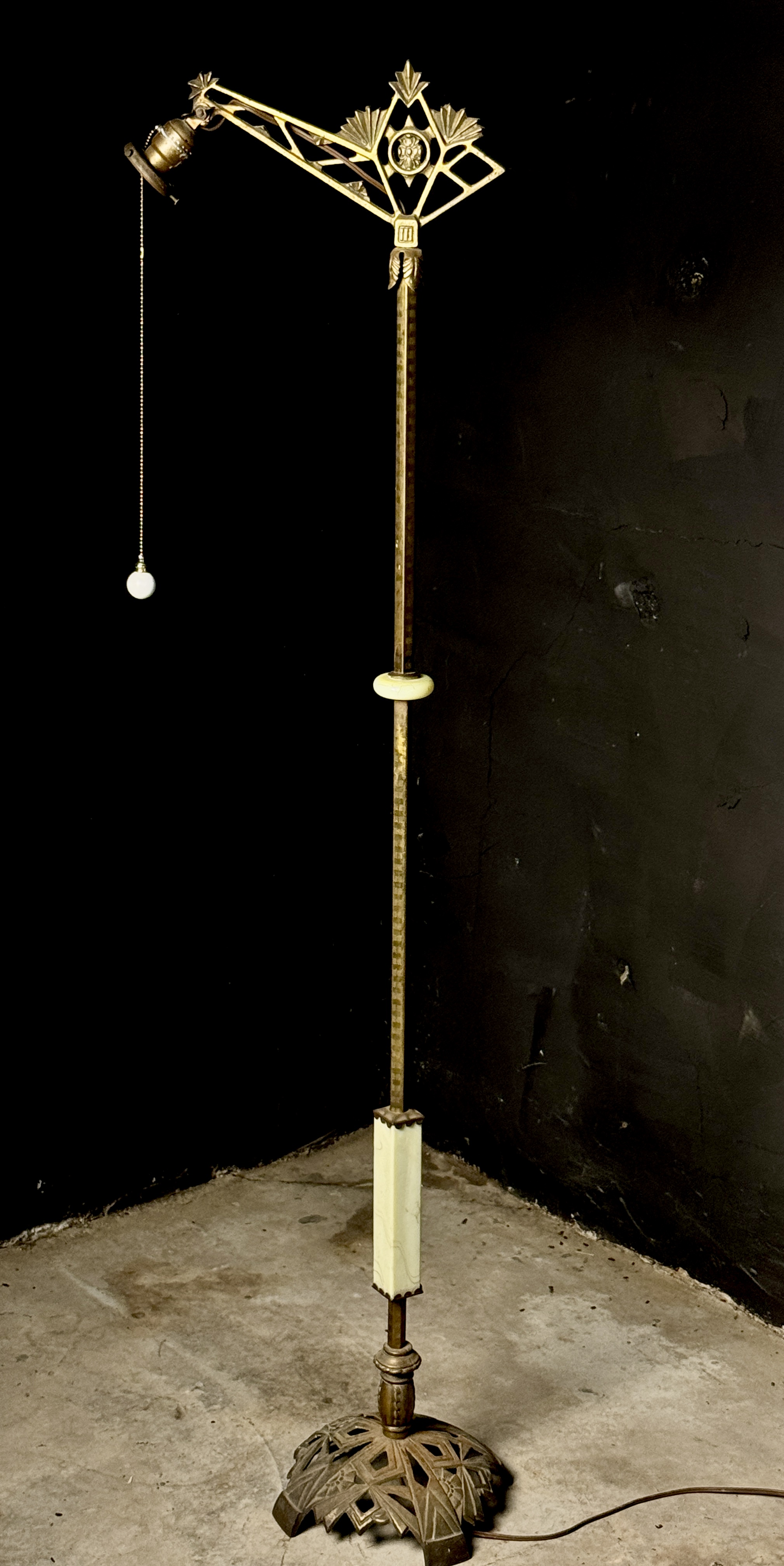 Art Deco Cast Metal and Uranium Glass Bridge Floor Lamp