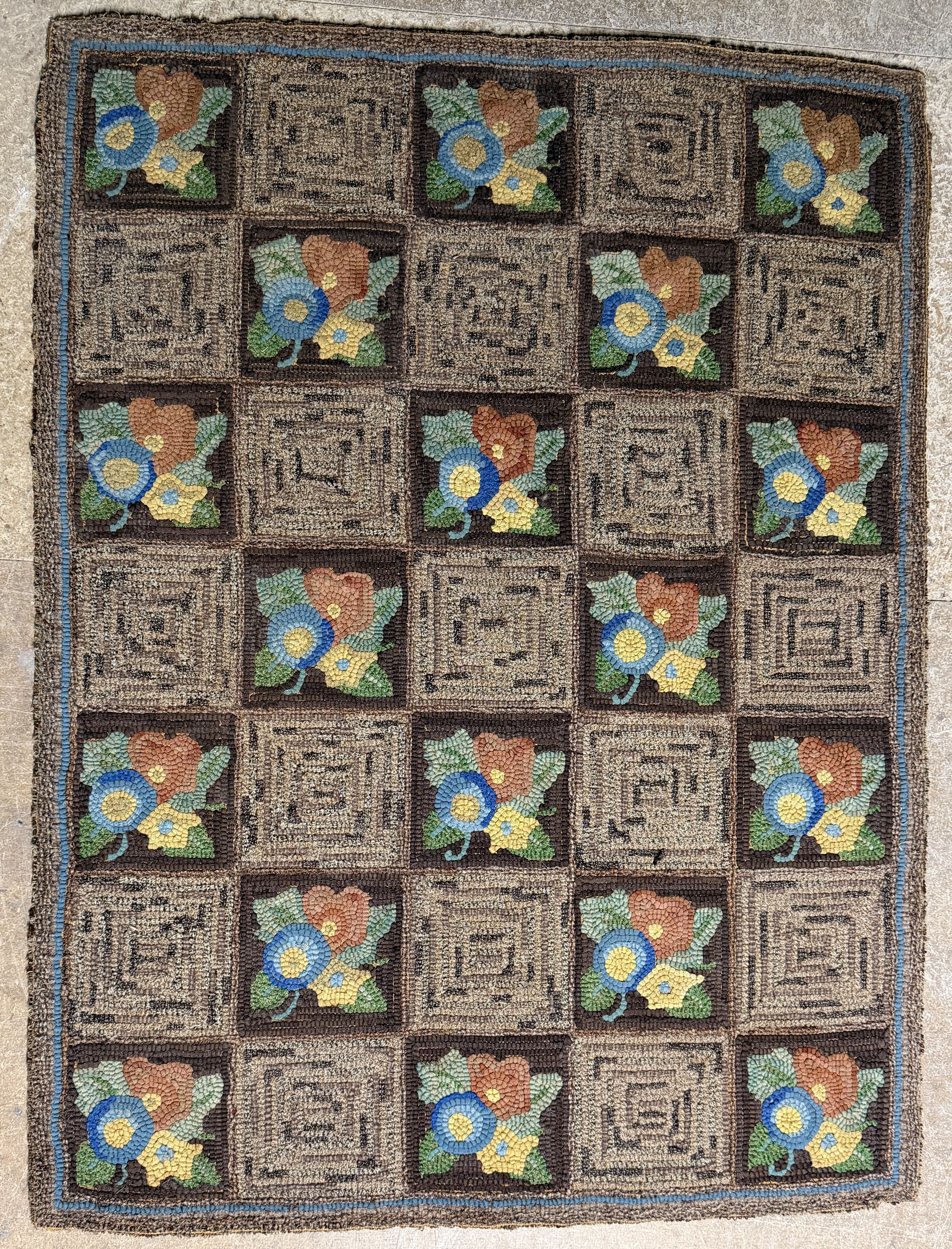 American Folk Art Hooked Wool Rug with Floral and Log Cabin Geometric Design