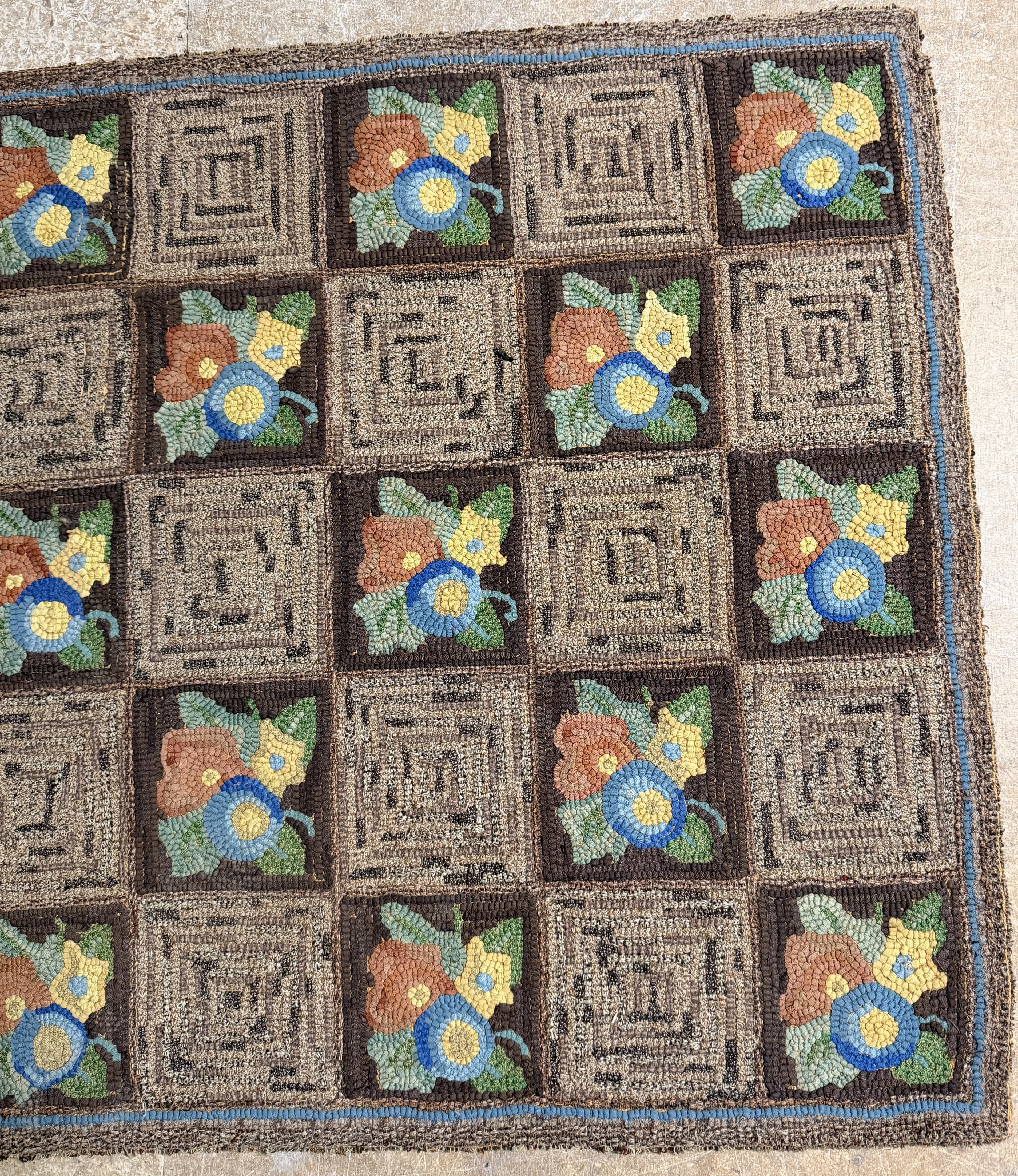 American Folk Art Hooked Wool Rug with Floral and Log Cabin Geometric Design