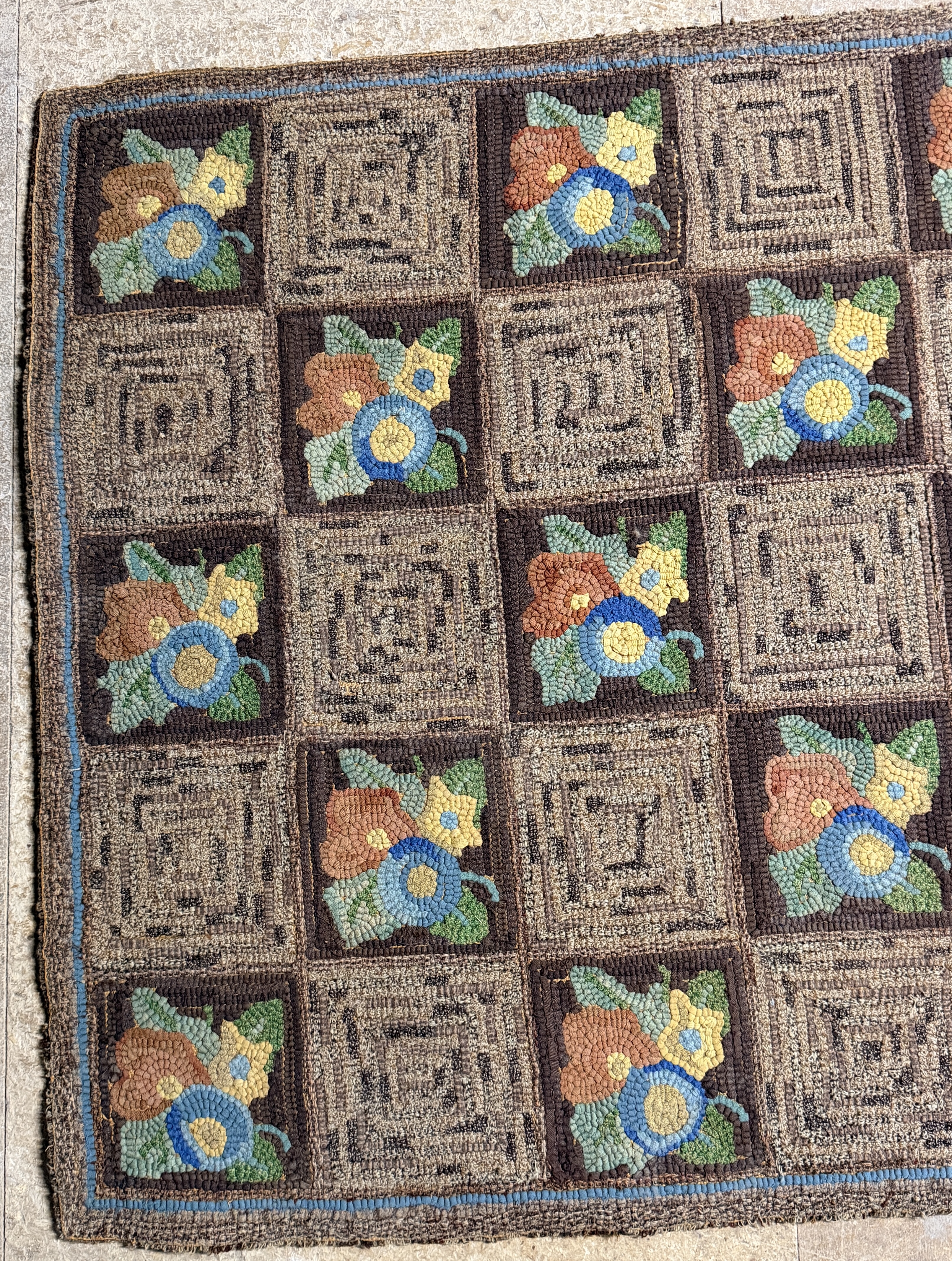 American Folk Art Hooked Wool Rug with Floral and Log Cabin Geometric Design