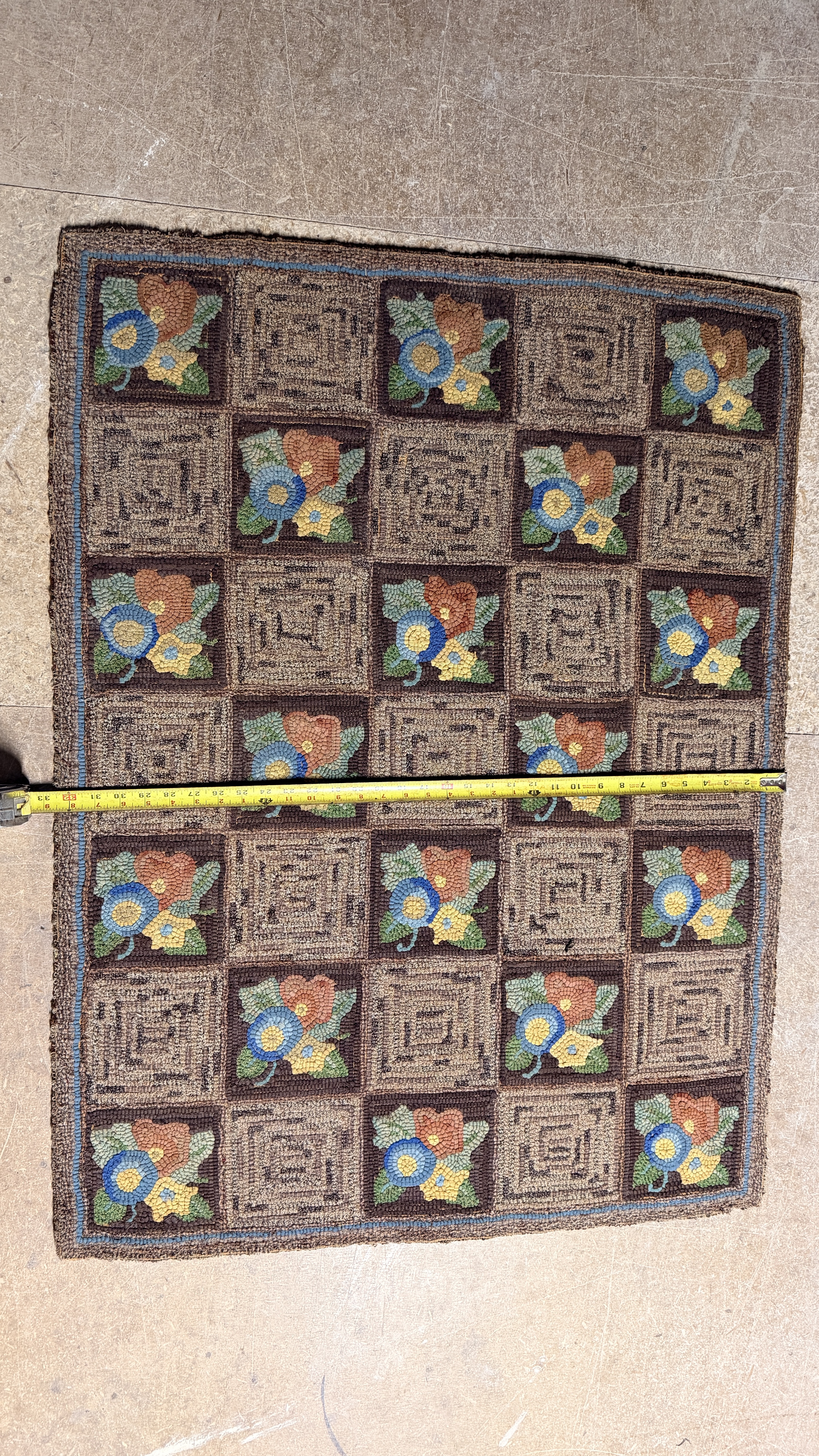 American Folk Art Hooked Wool Rug with Floral and Log Cabin Geometric Design