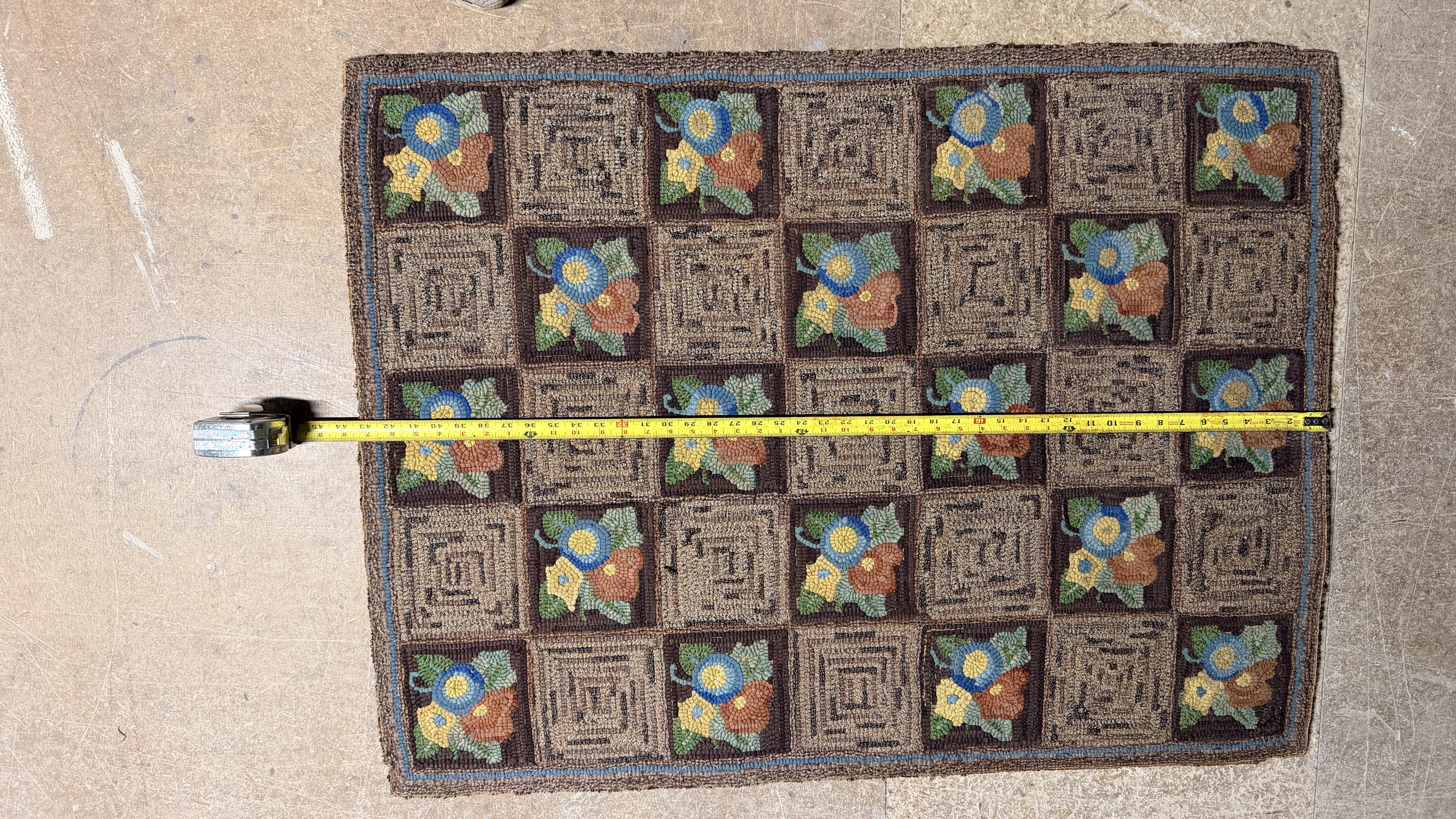 American Folk Art Hooked Wool Rug with Floral and Log Cabin Geometric Design