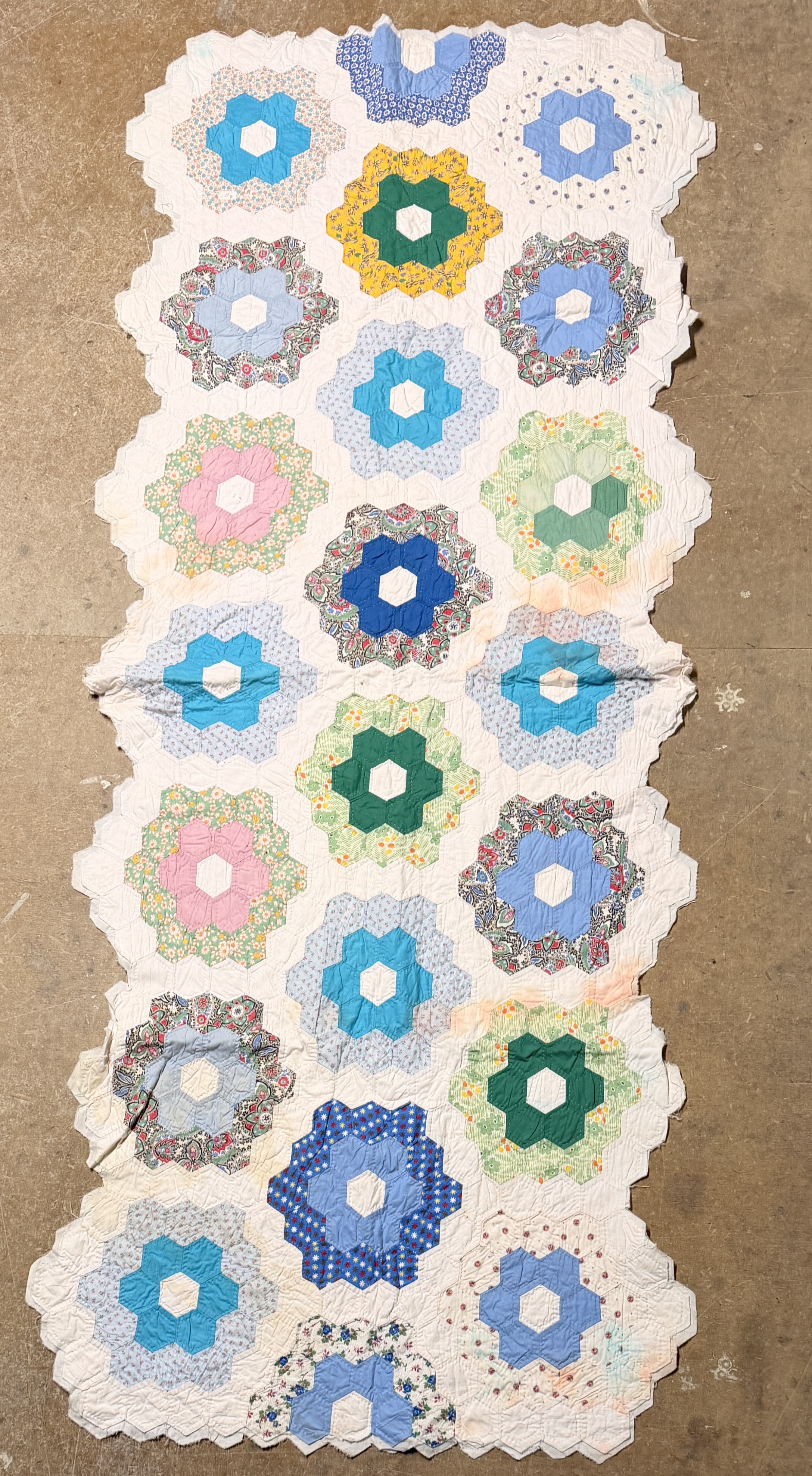 Vintage Hand-Pieced and Hand-Quilted Grandmother's Flower Garden Pattern Quilt Runner