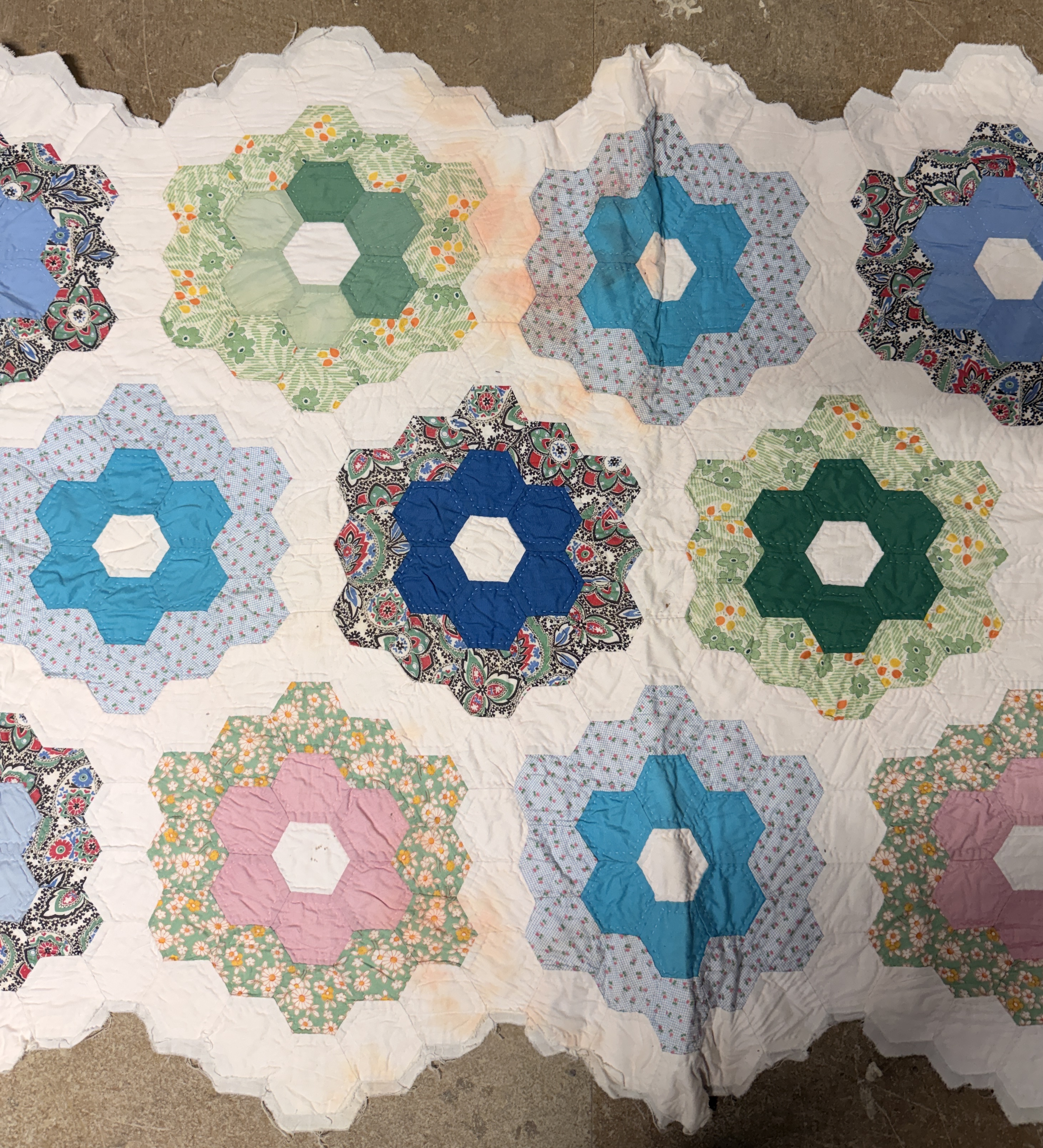 Vintage Hand-Pieced and Hand-Quilted Grandmother's Flower Garden Pattern Quilt Runner