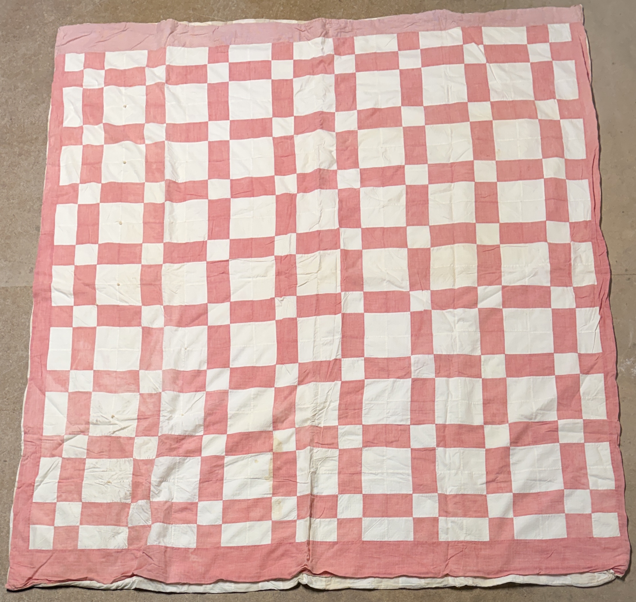 Vintage Hand-Pieced and Hand-Tied Pink and White Cotton Checkerboard Utility Quilt