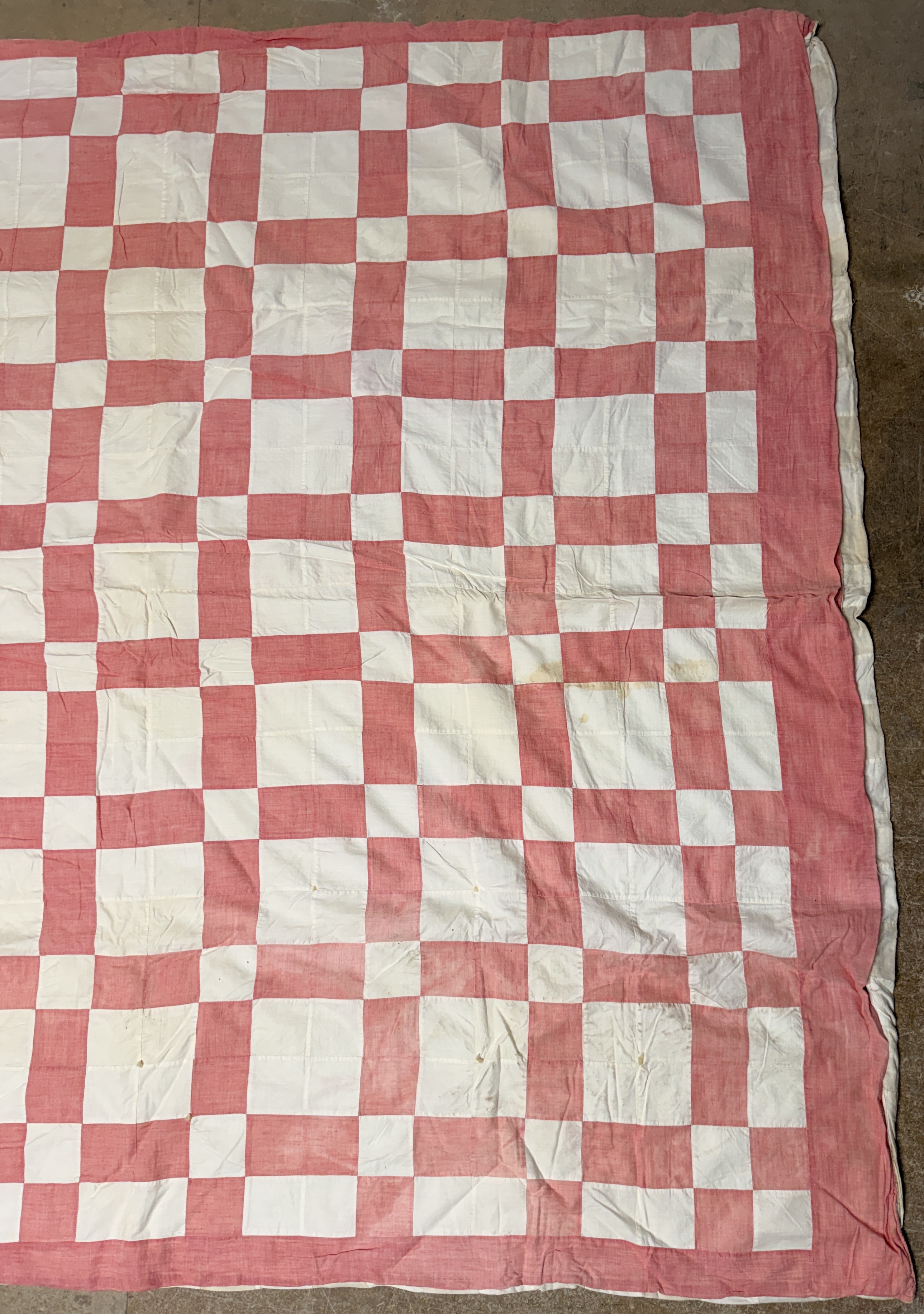 Vintage Hand-Pieced and Hand-Tied Pink and White Cotton Checkerboard Utility Quilt