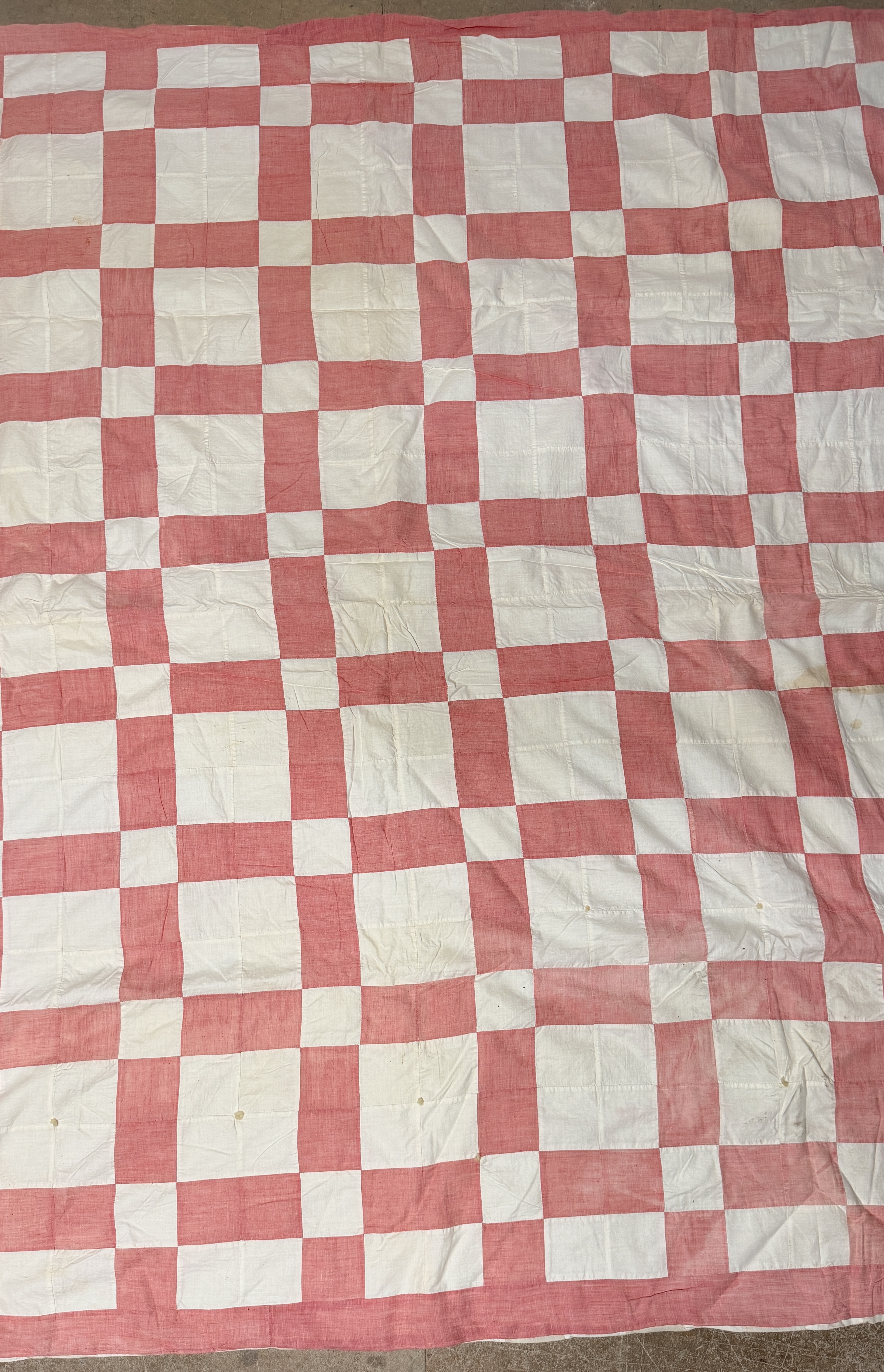 Vintage Hand-Pieced and Hand-Tied Pink and White Cotton Checkerboard Utility Quilt