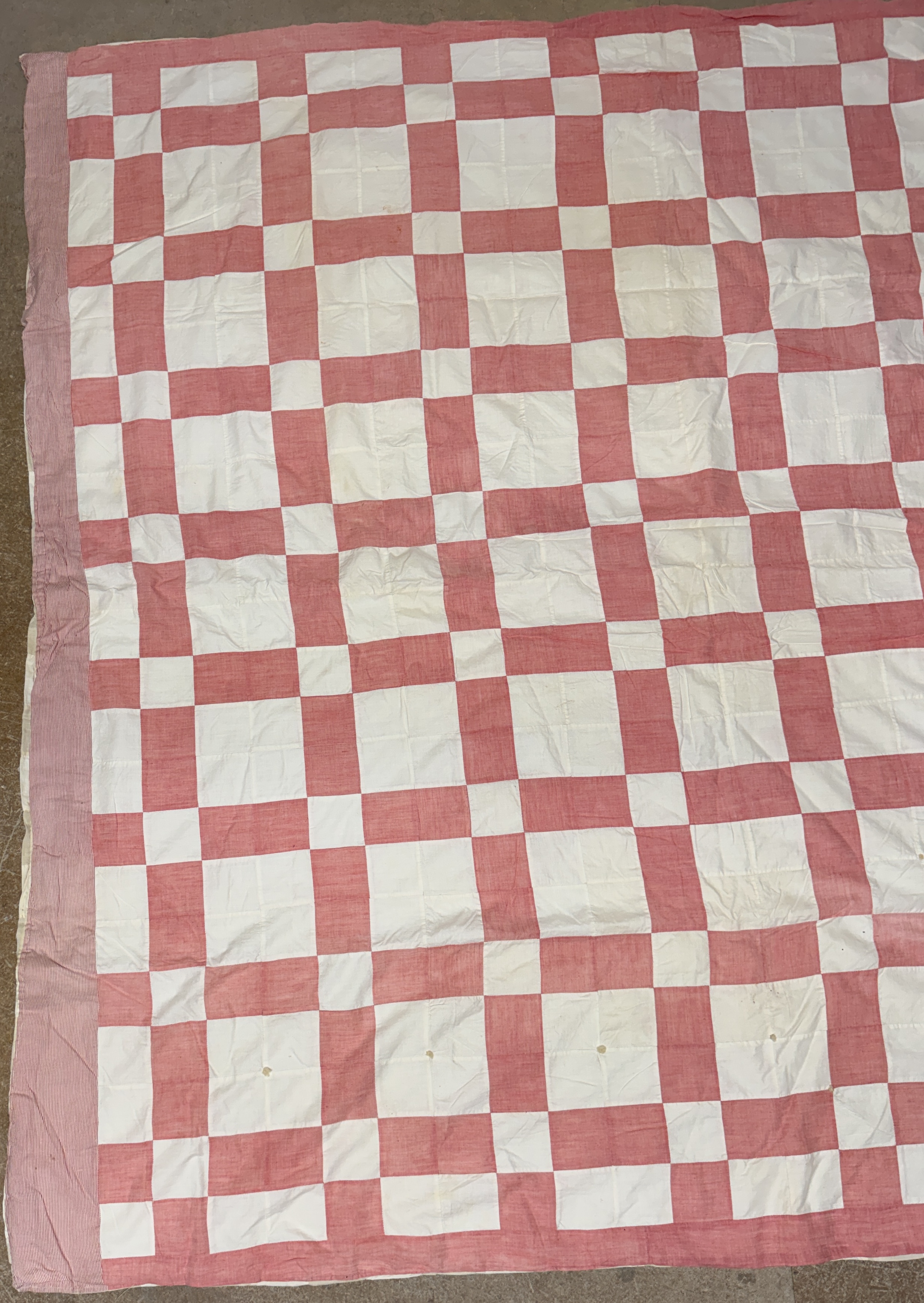 Vintage Hand-Pieced and Hand-Tied Pink and White Cotton Checkerboard Utility Quilt