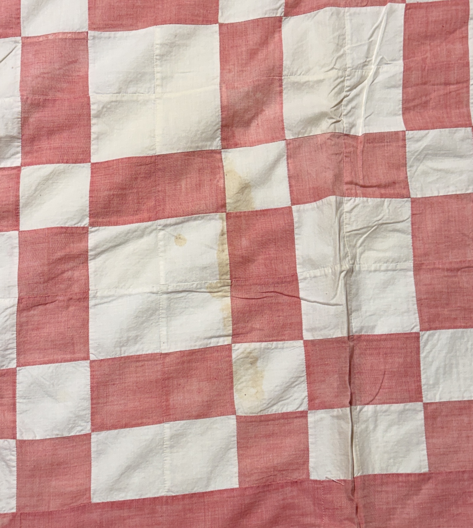 Vintage Hand-Pieced and Hand-Tied Pink and White Cotton Checkerboard Utility Quilt