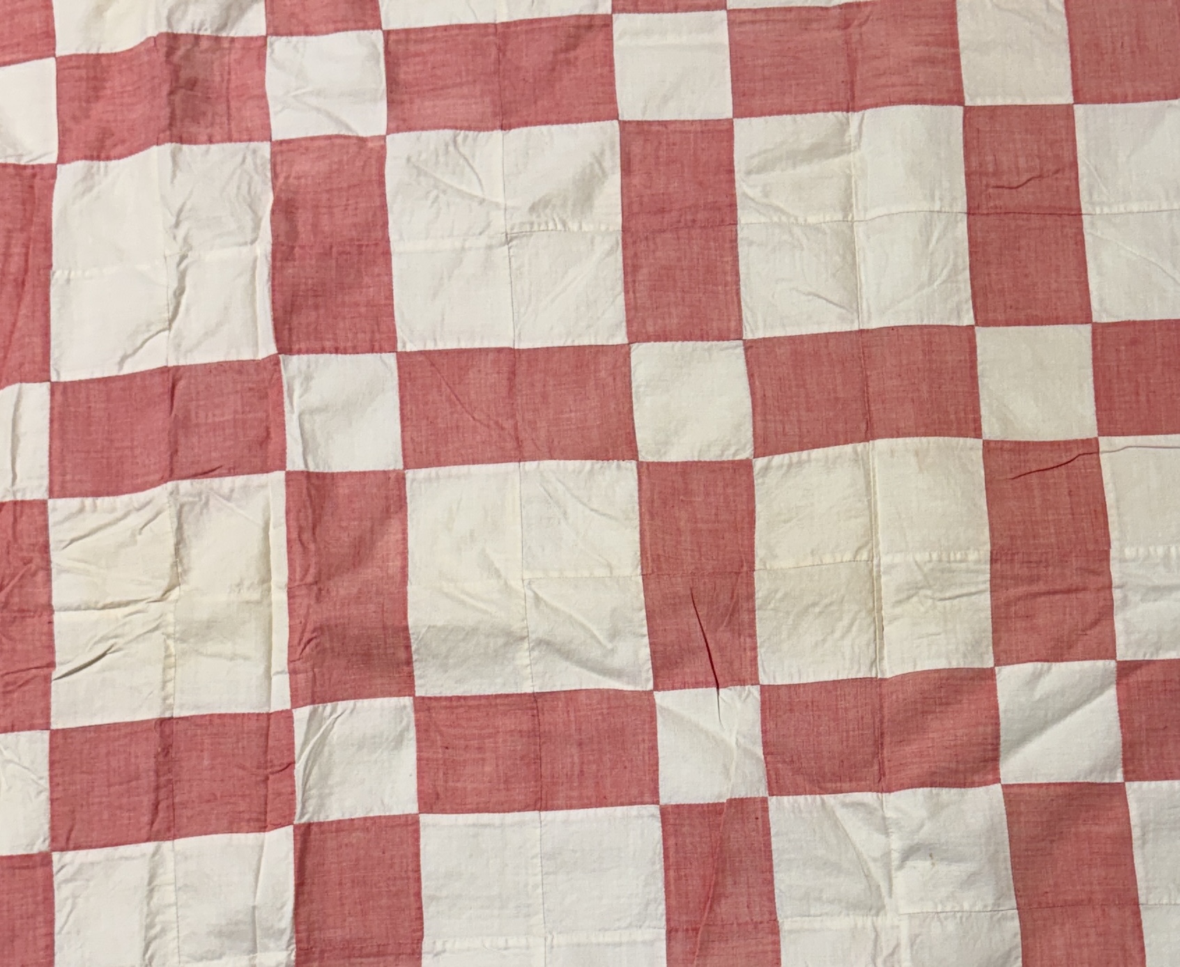 Vintage Hand-Pieced and Hand-Tied Pink and White Cotton Checkerboard Utility Quilt