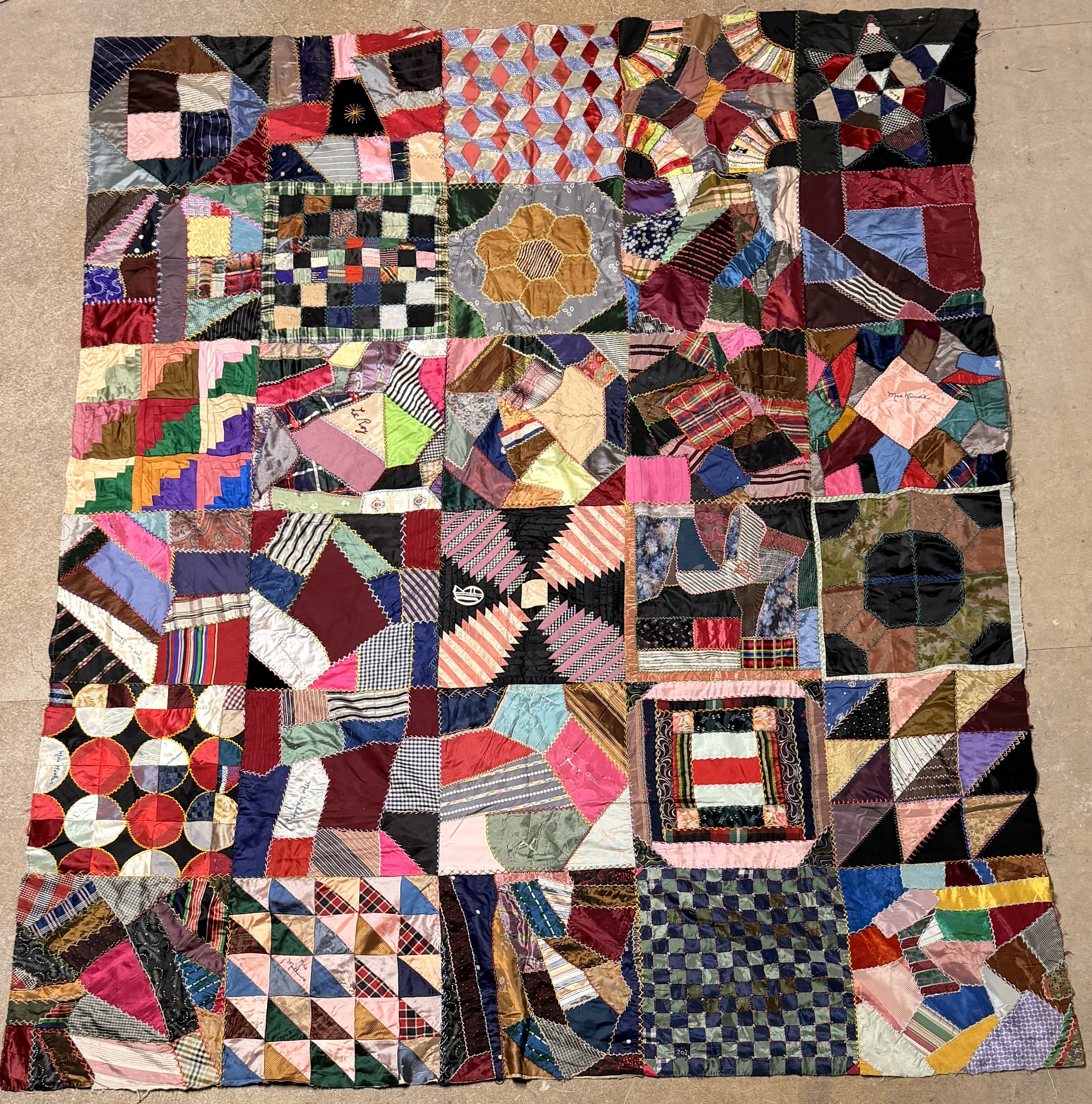 Victorian Era Crazy Quilt Top with Embroidered Signature Blocks