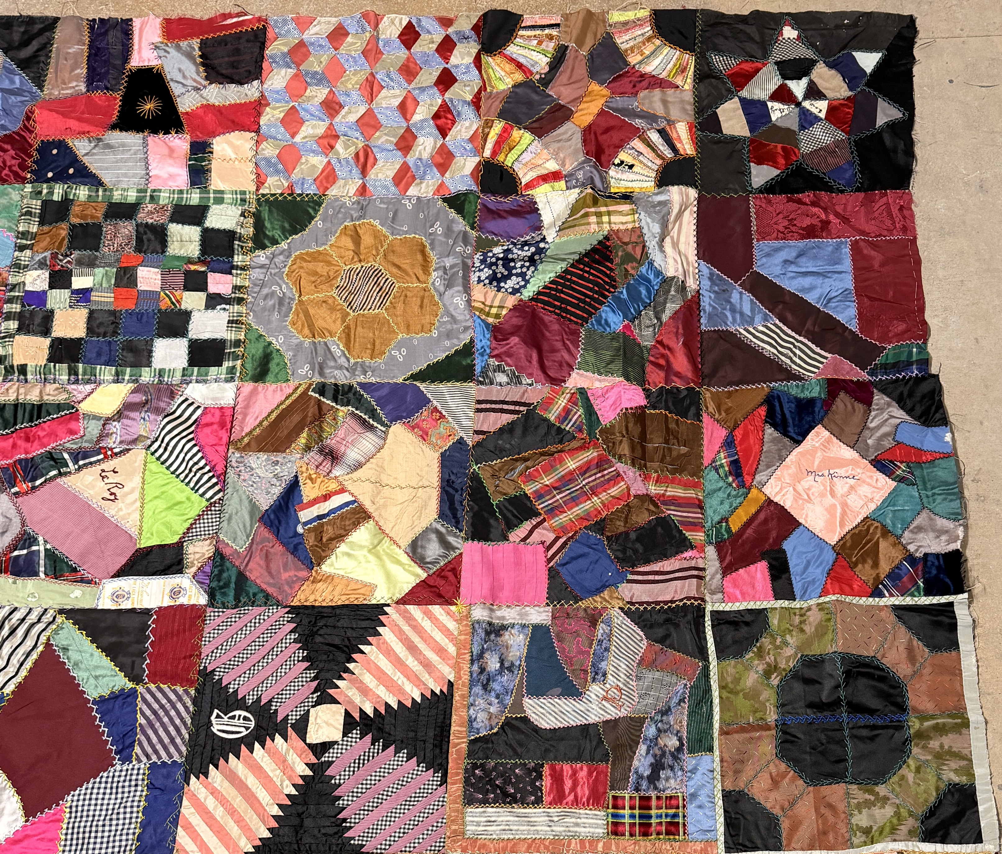 Victorian Era Crazy Quilt Top with Embroidered Signature Blocks