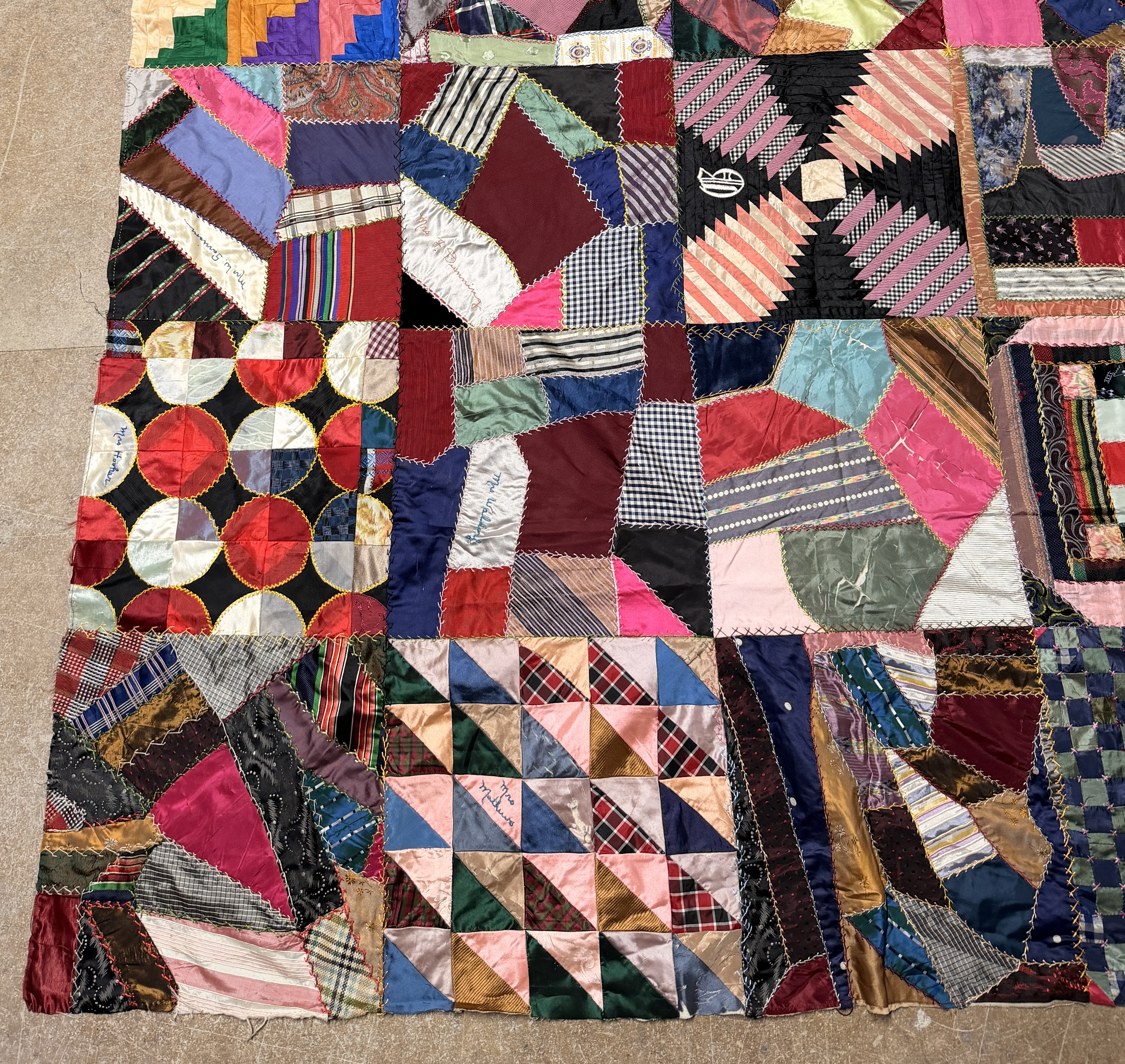 Victorian Era Crazy Quilt Top with Embroidered Signature Blocks