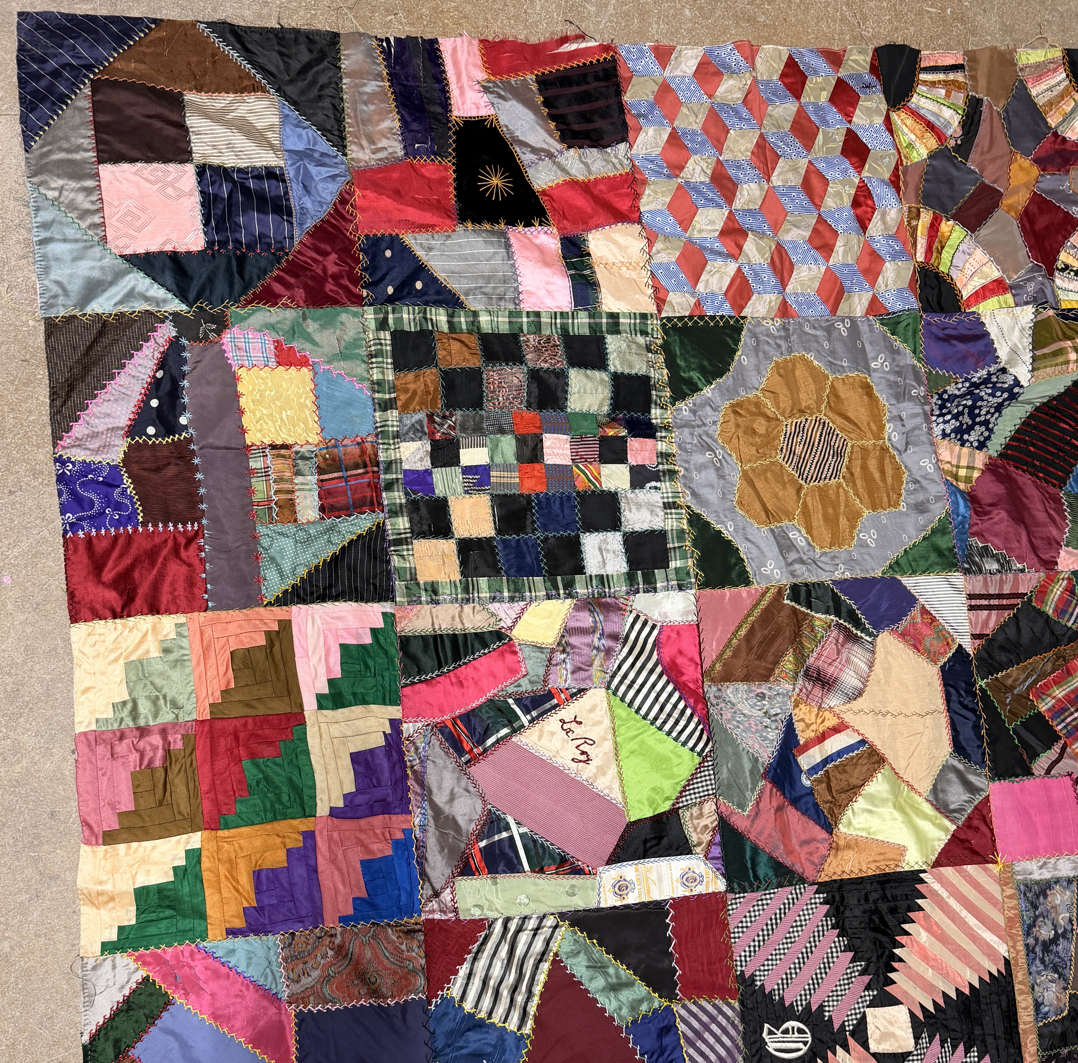 Victorian Era Crazy Quilt Top with Embroidered Signature Blocks