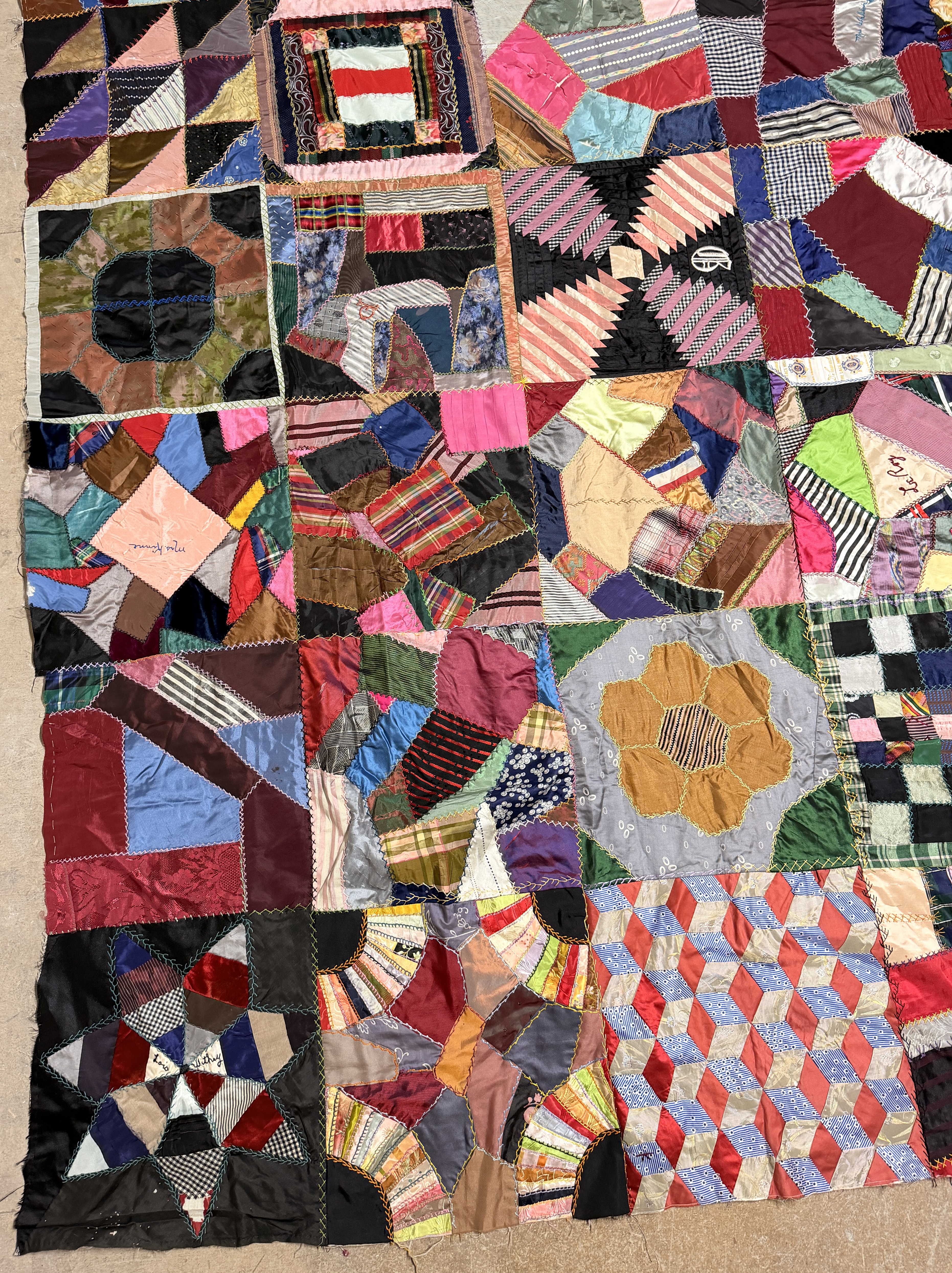 Victorian Era Crazy Quilt Top with Embroidered Signature Blocks