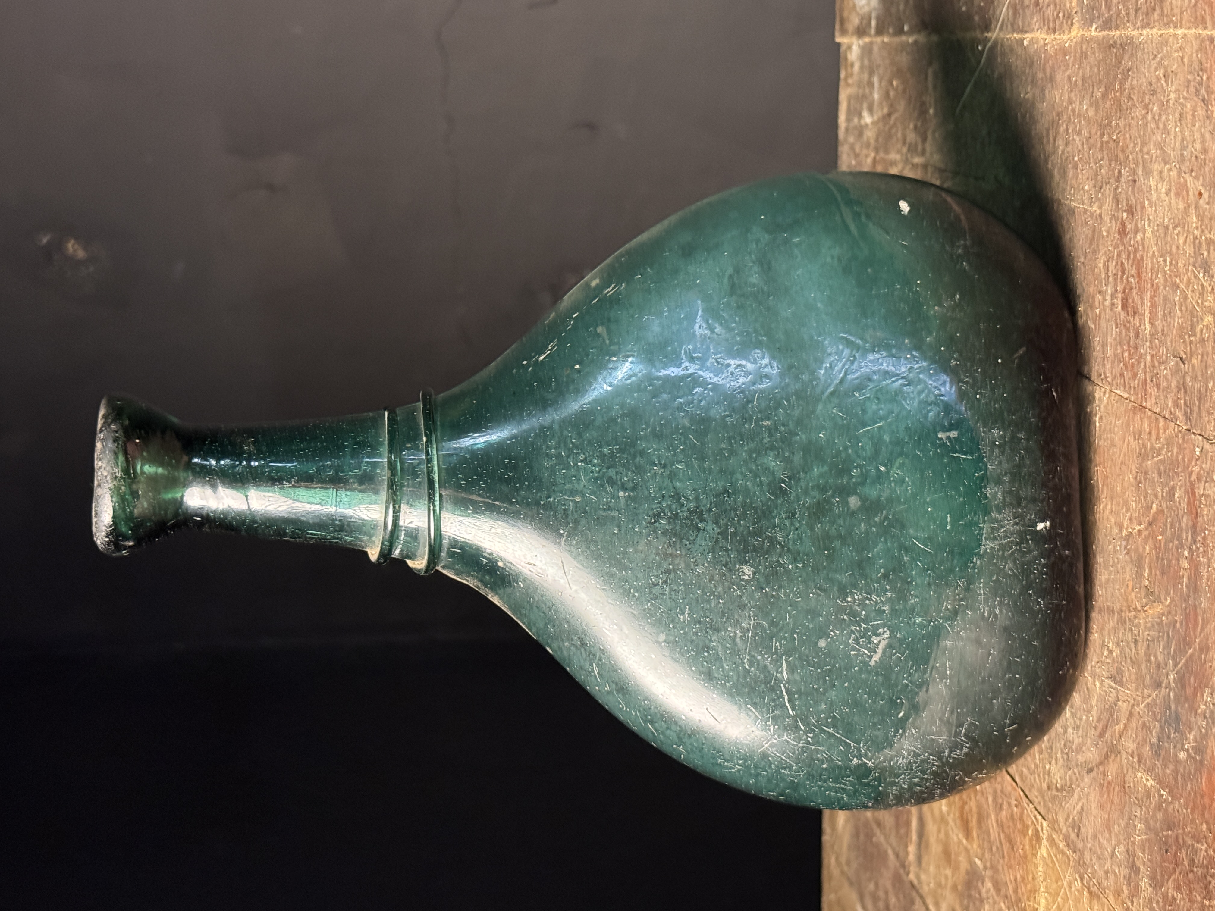 Antique 18th Century Persian Zand Dynasty Hand Blown Green Glass Saddle Flask