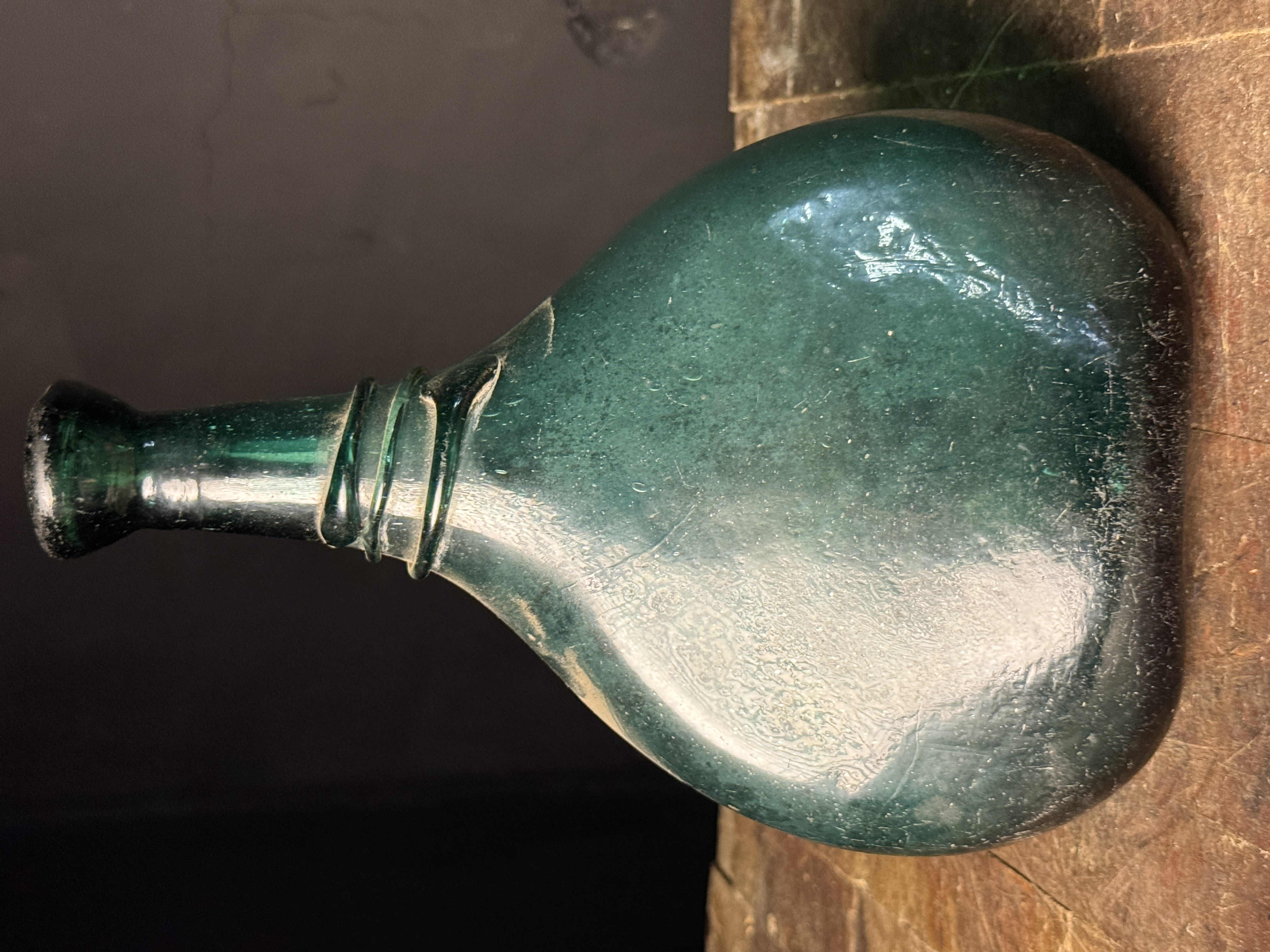 Antique 18th Century Persian Zand Dynasty Hand Blown Green Glass Saddle Flask