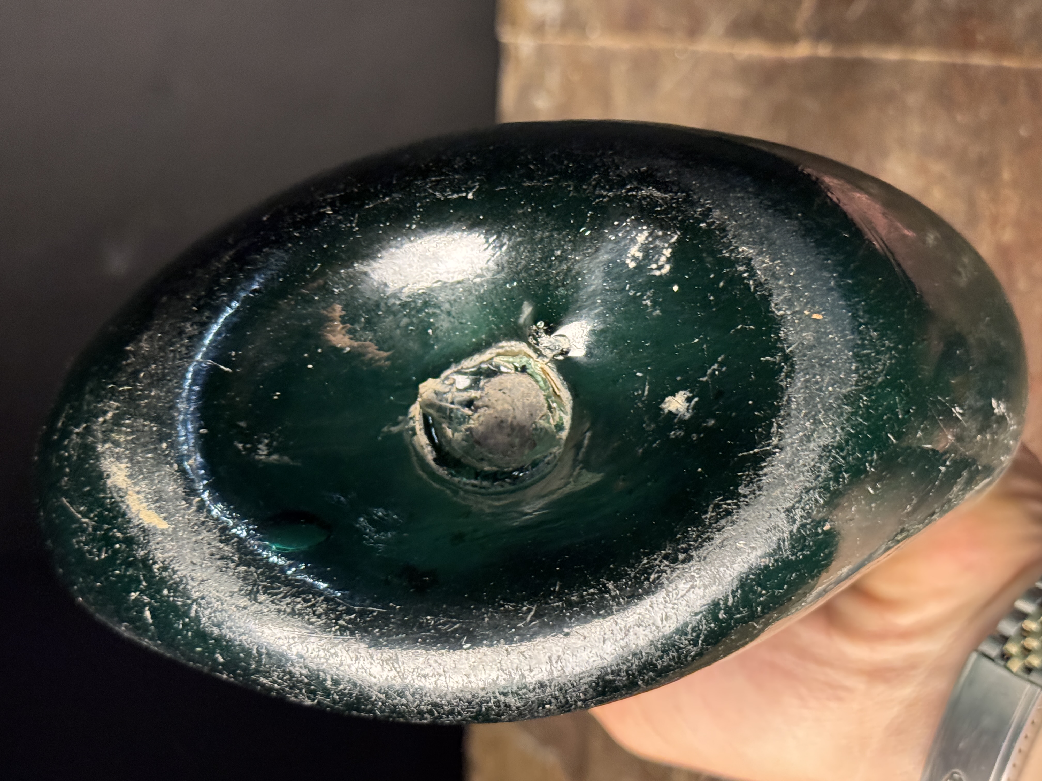 Antique 18th Century Persian Zand Dynasty Hand Blown Green Glass Saddle Flask