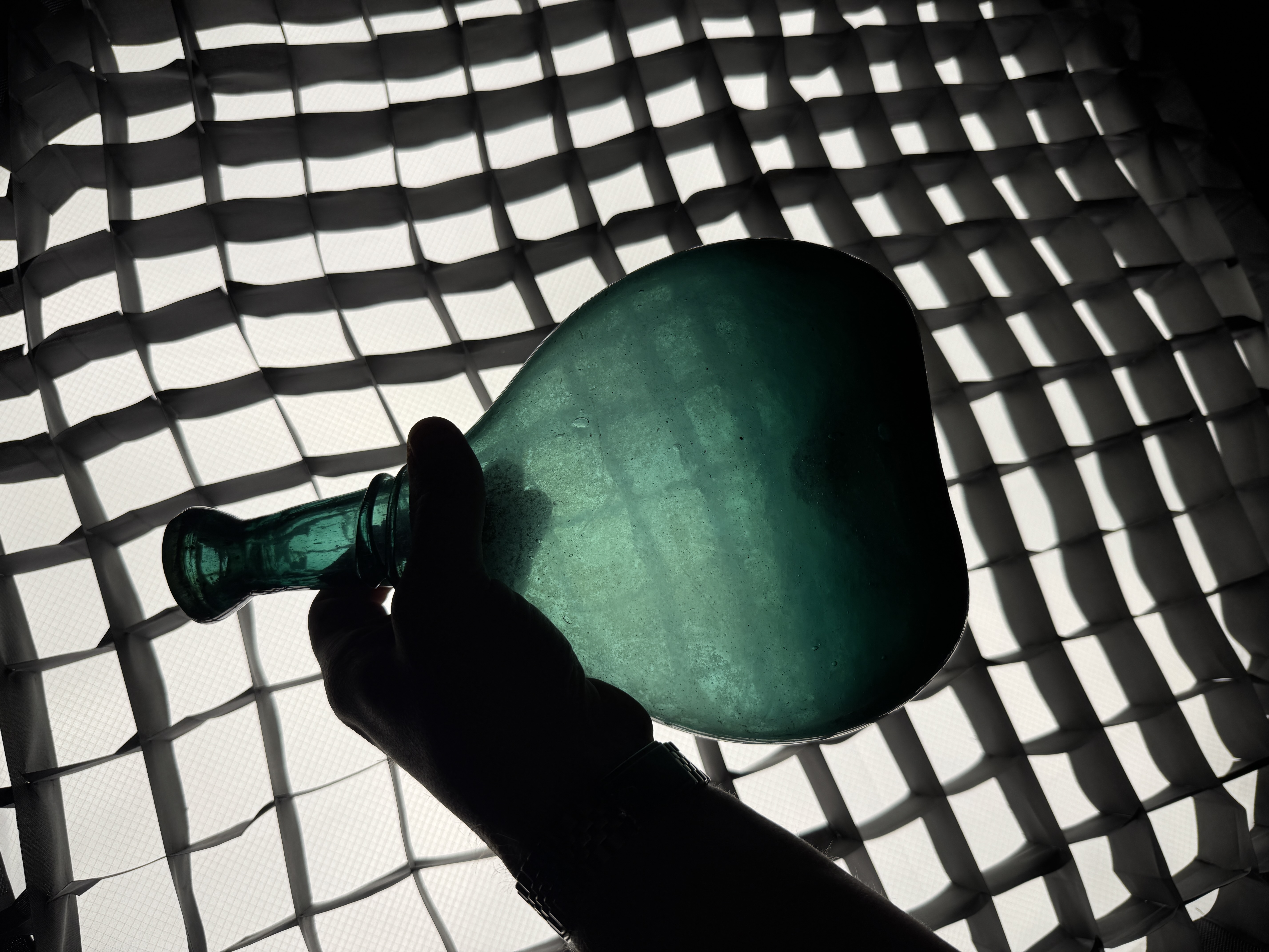 Antique 18th Century Persian Zand Dynasty Hand Blown Green Glass Saddle Flask