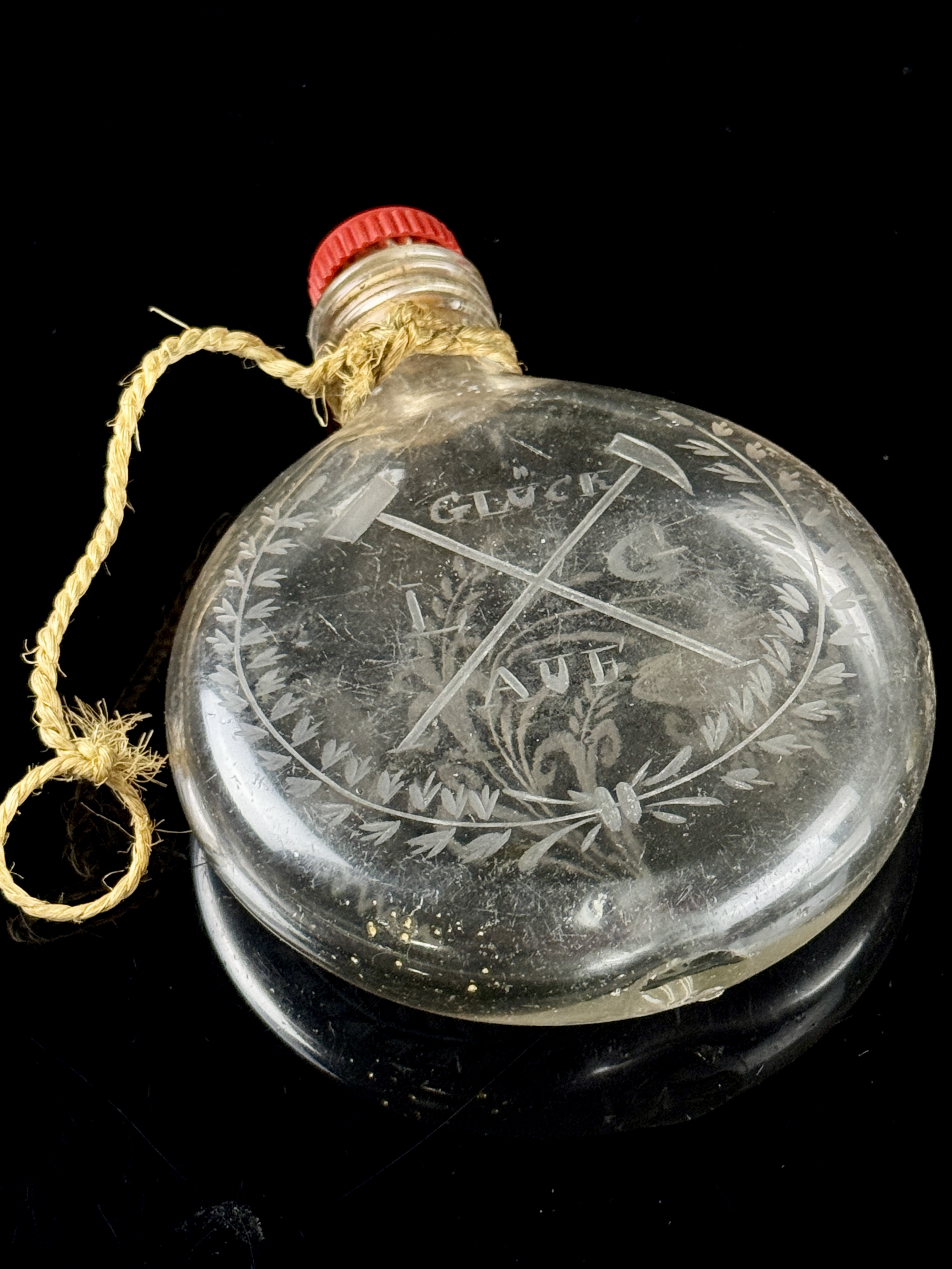German Etched Glass Mining Souvenir Canteen Flask with Asbach Uralt Cap