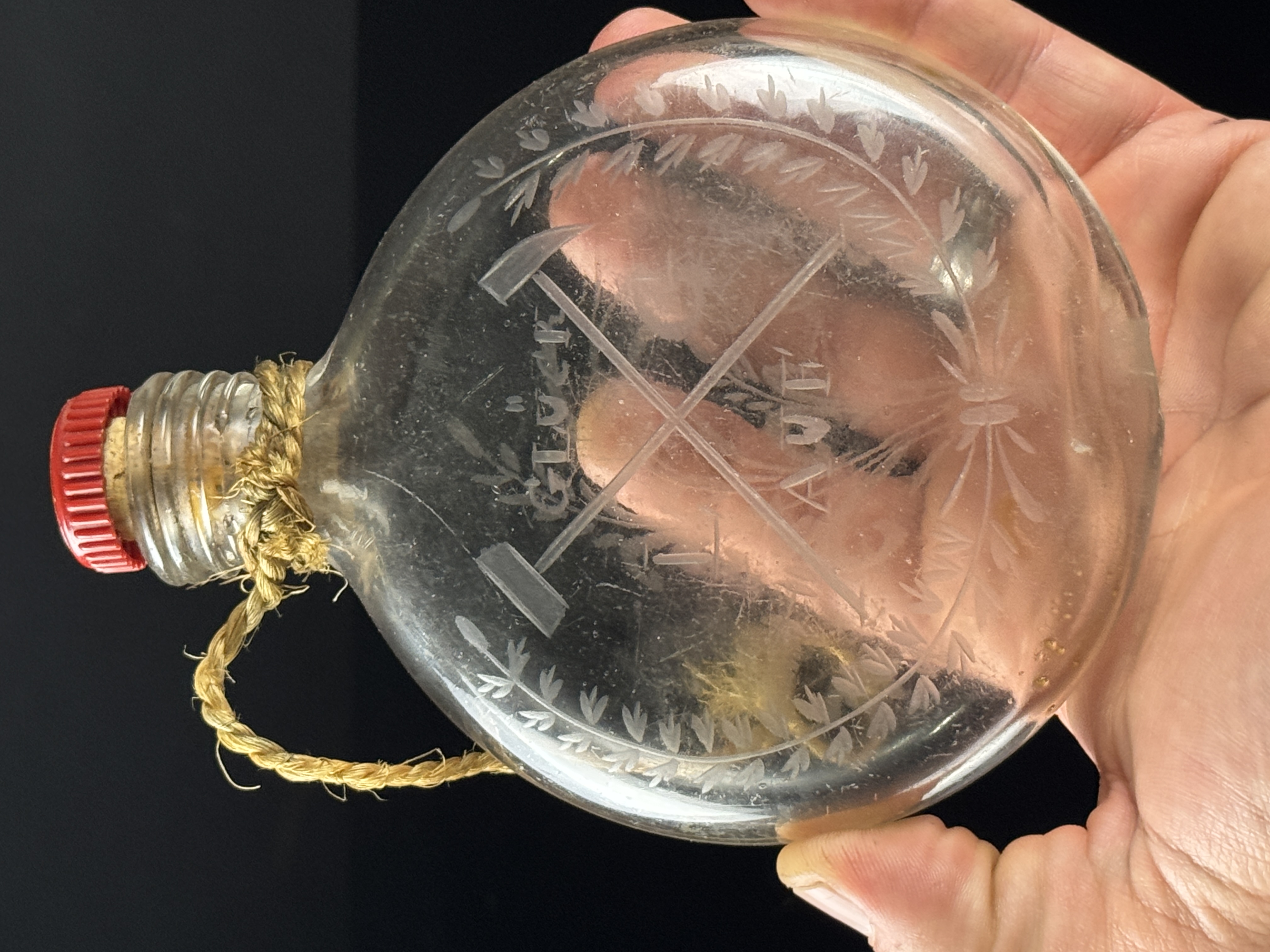 German Etched Glass Mining Souvenir Canteen Flask with Asbach Uralt Cap