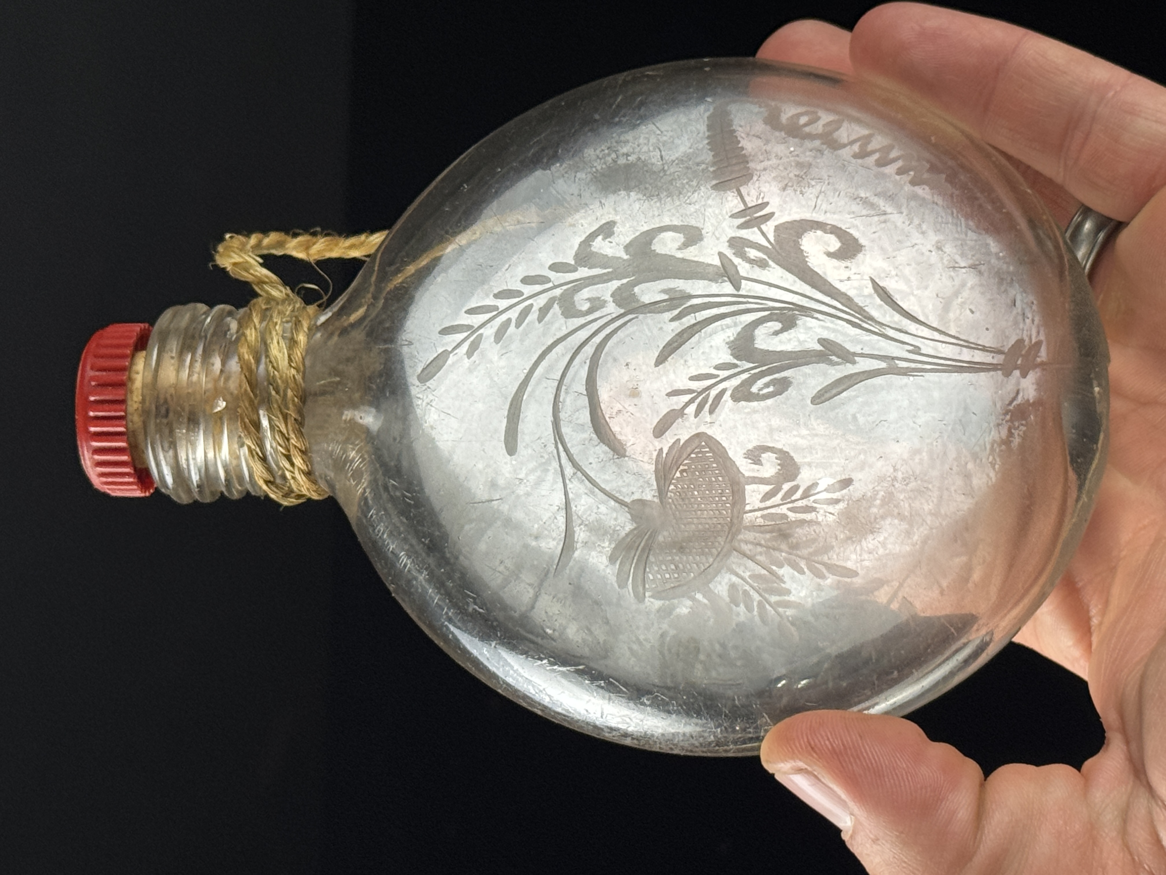 German Etched Glass Mining Souvenir Canteen Flask with Asbach Uralt Cap