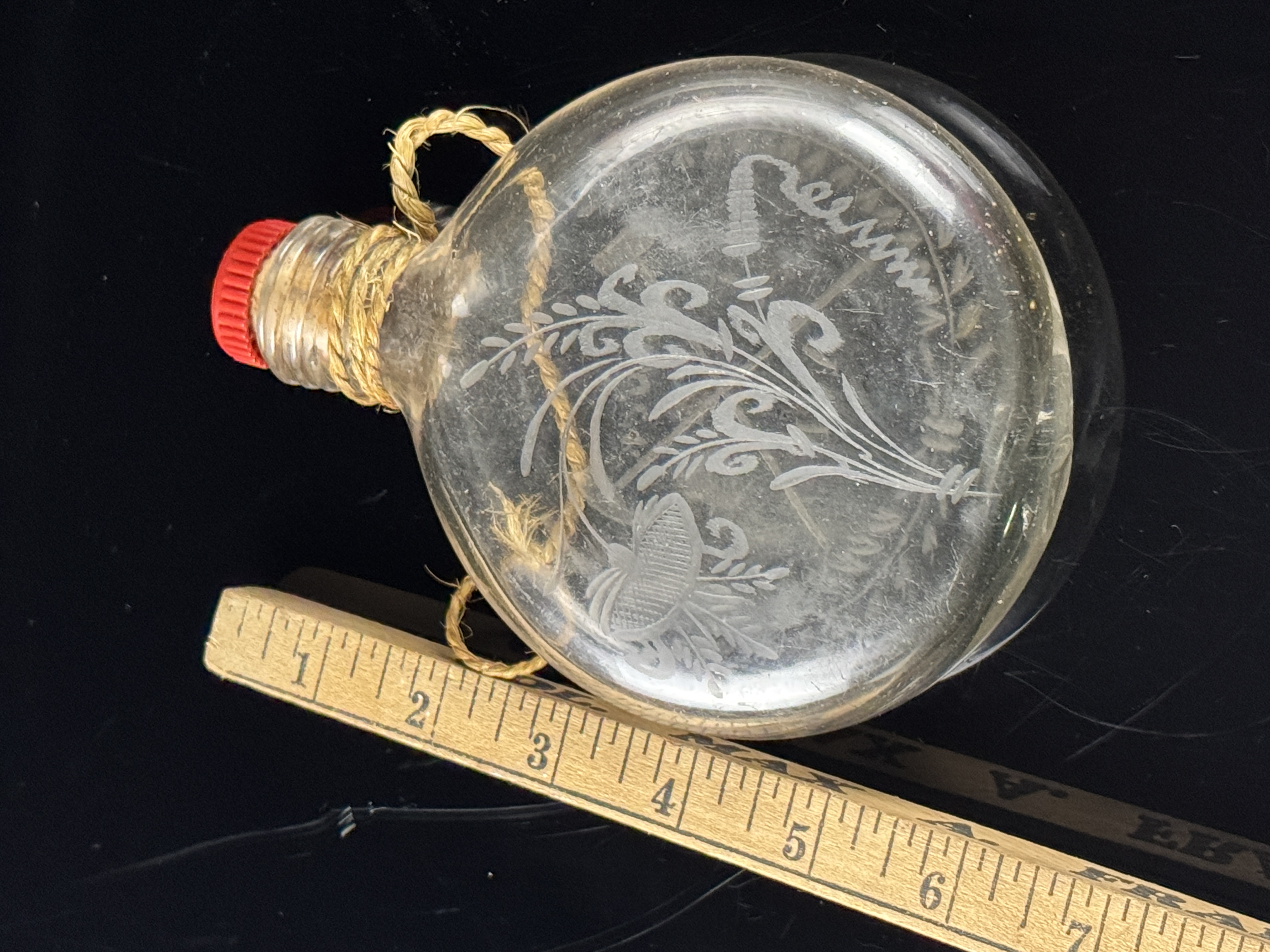 German Etched Glass Mining Souvenir Canteen Flask with Asbach Uralt Cap