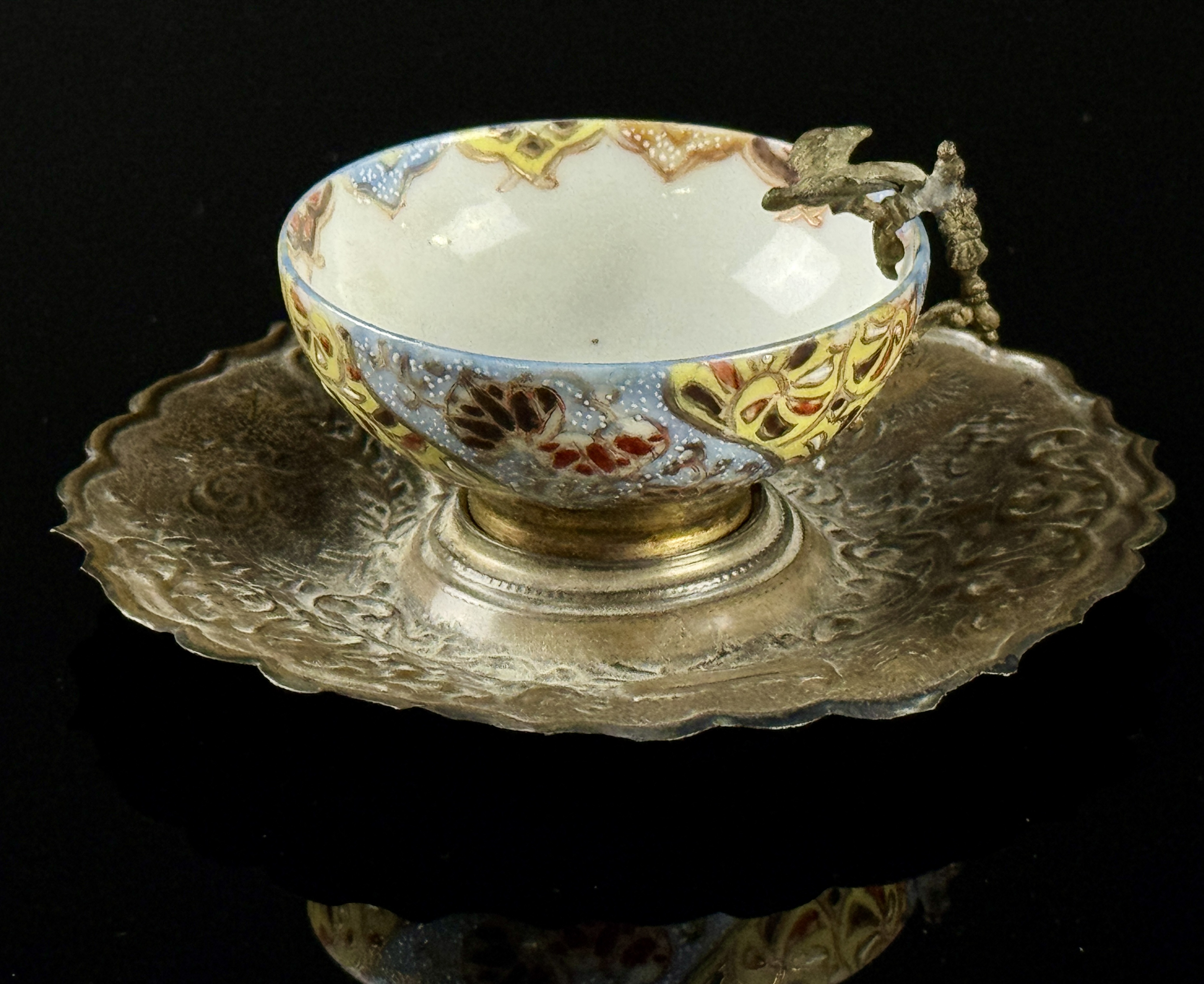 Ottoman Silver-Mounted Japanese Porcelain Coffee Cup and Saucer with Sultan Abdulhamid II Tughra