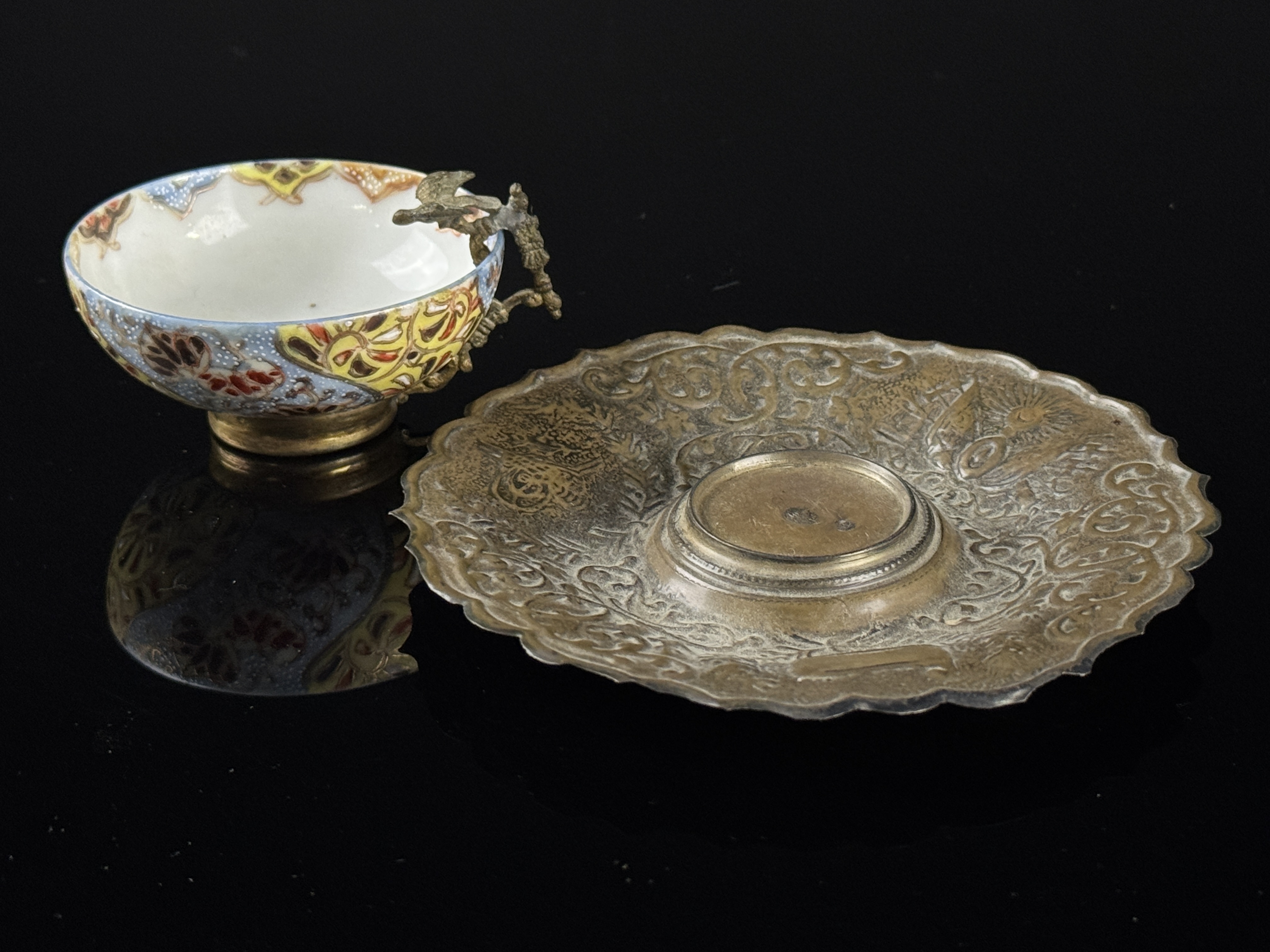 Ottoman Silver-Mounted Japanese Porcelain Coffee Cup and Saucer with Sultan Abdulhamid II Tughra