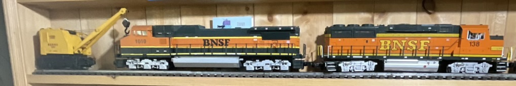 Three O-Gauge Model Train Units Including Lionel 3360 Burro Crane and Two BNSF Diesel Locomotives