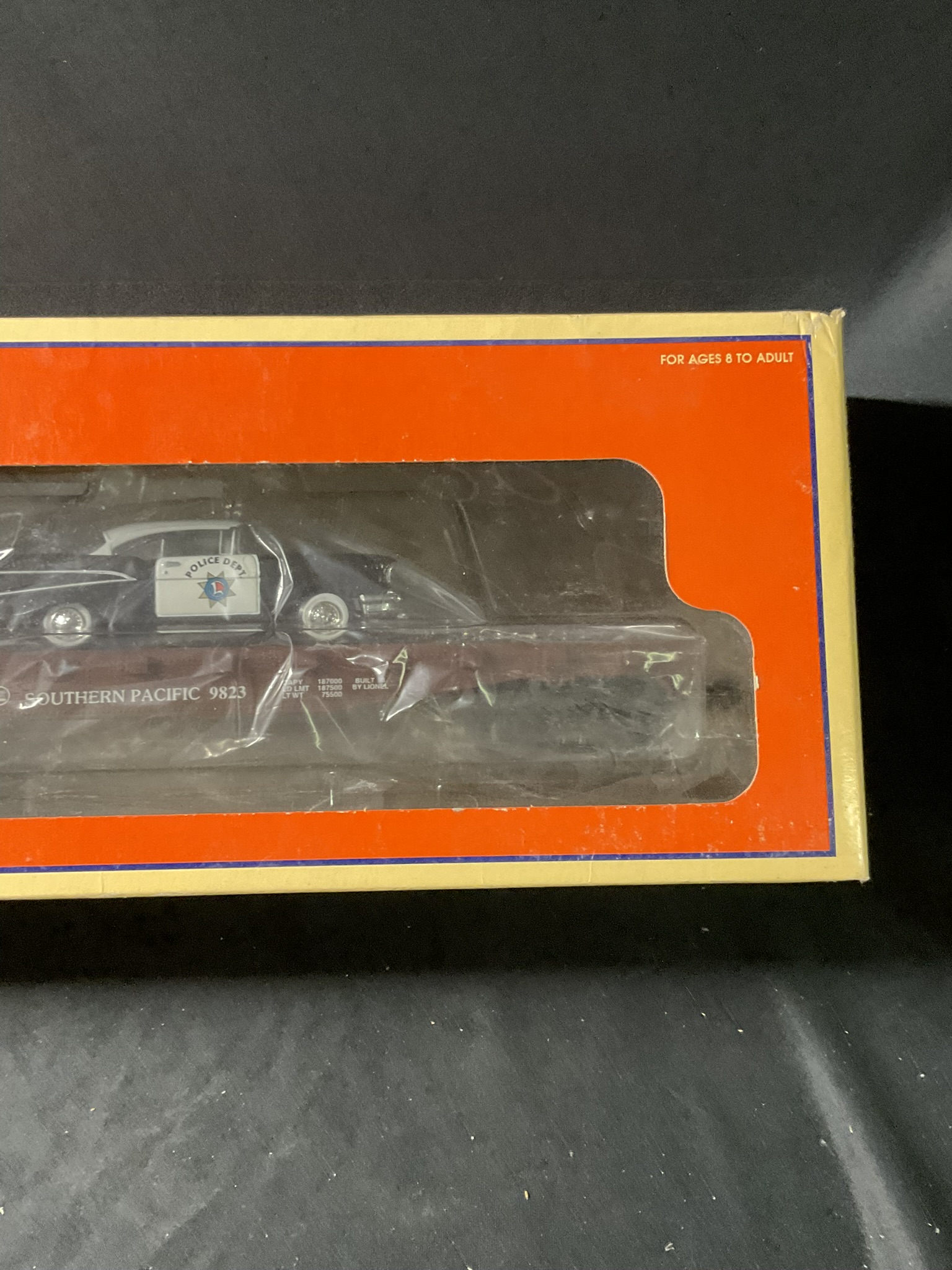 Lionel 6-26906 Southern Pacific Flatcar with Corgi 57 Chevy Police Car