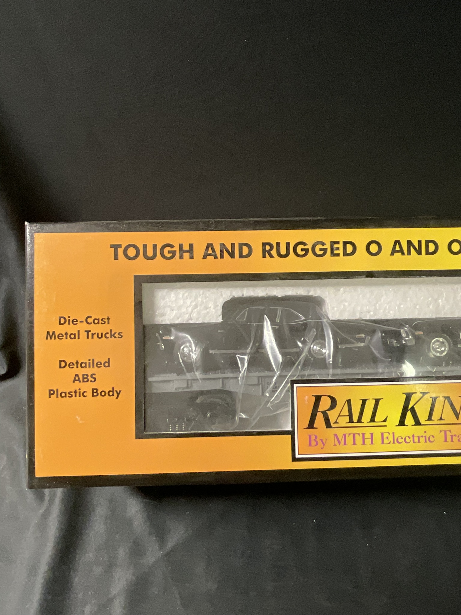 RailKing by MTH Electric Trains O Gauge Auto Transport Flatcar with Ertl 1970 Novas 30-7661