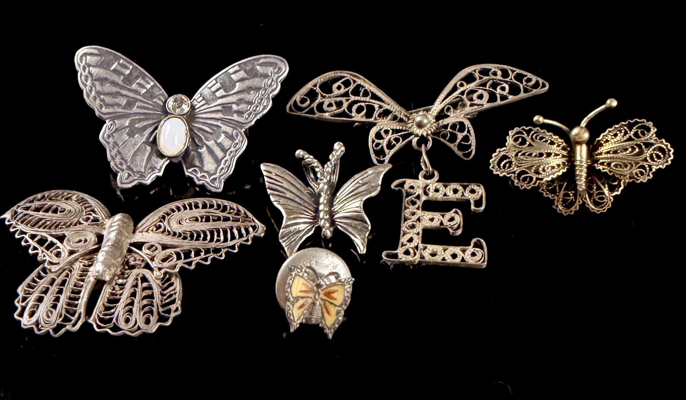 Six Vintage Butterfly Brooches and Pins including Sterling Silver and Filigree