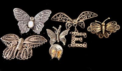 Six Vintage Butterfly Brooches and Pins including Sterling Silver and Filigree. This collection 